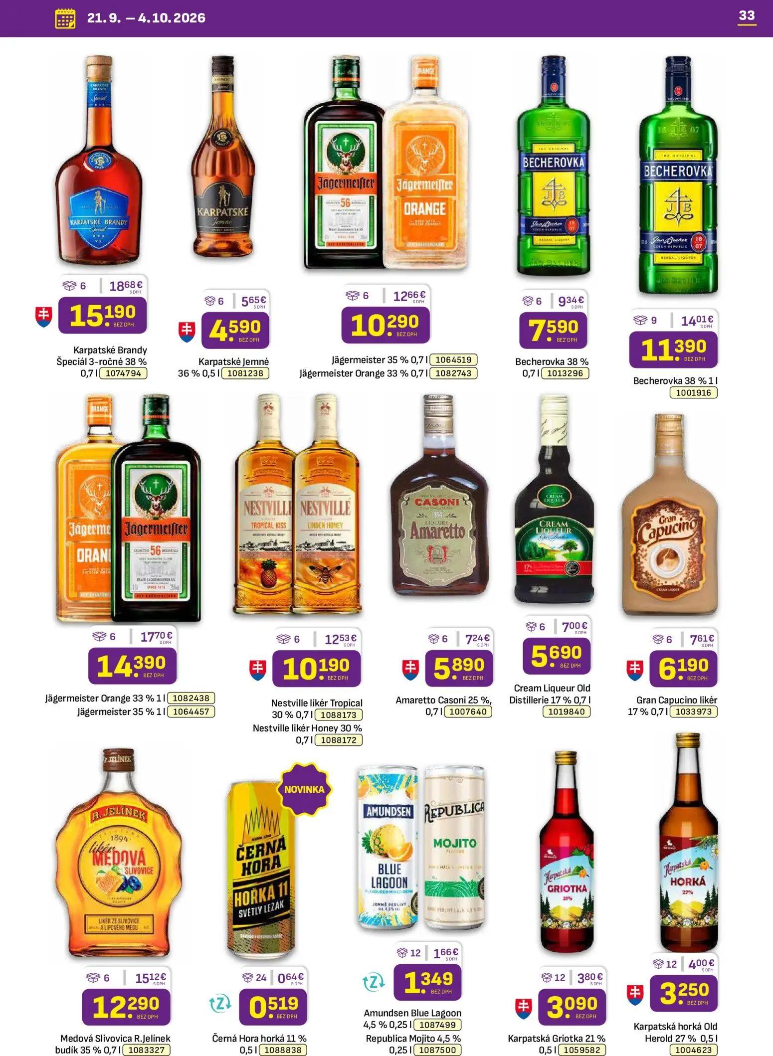 Libex leták, strana 33 z 36 — Karpatské Brandy Špeciál 3-ročné, Karpatské Jemné, Jägermeister