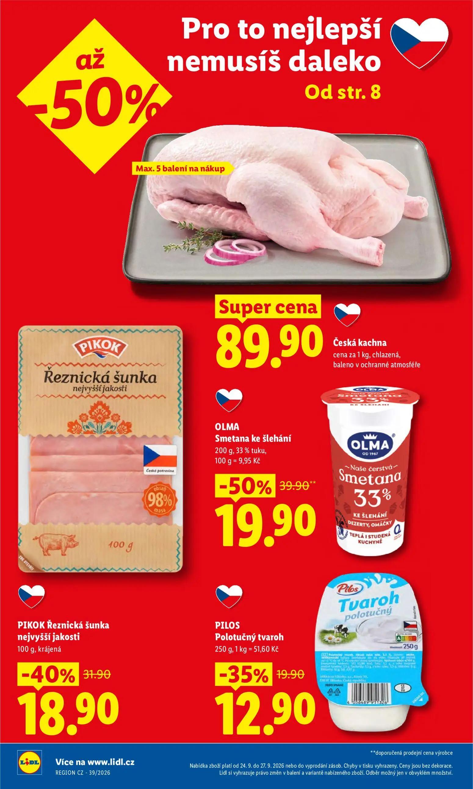 Lidl leták, strana 2 z 47 — OLMA Smetana ke šlehání, PIKOK Řeznická šunka nejvyšší jakosti, PILOS Polotučný tvaroh