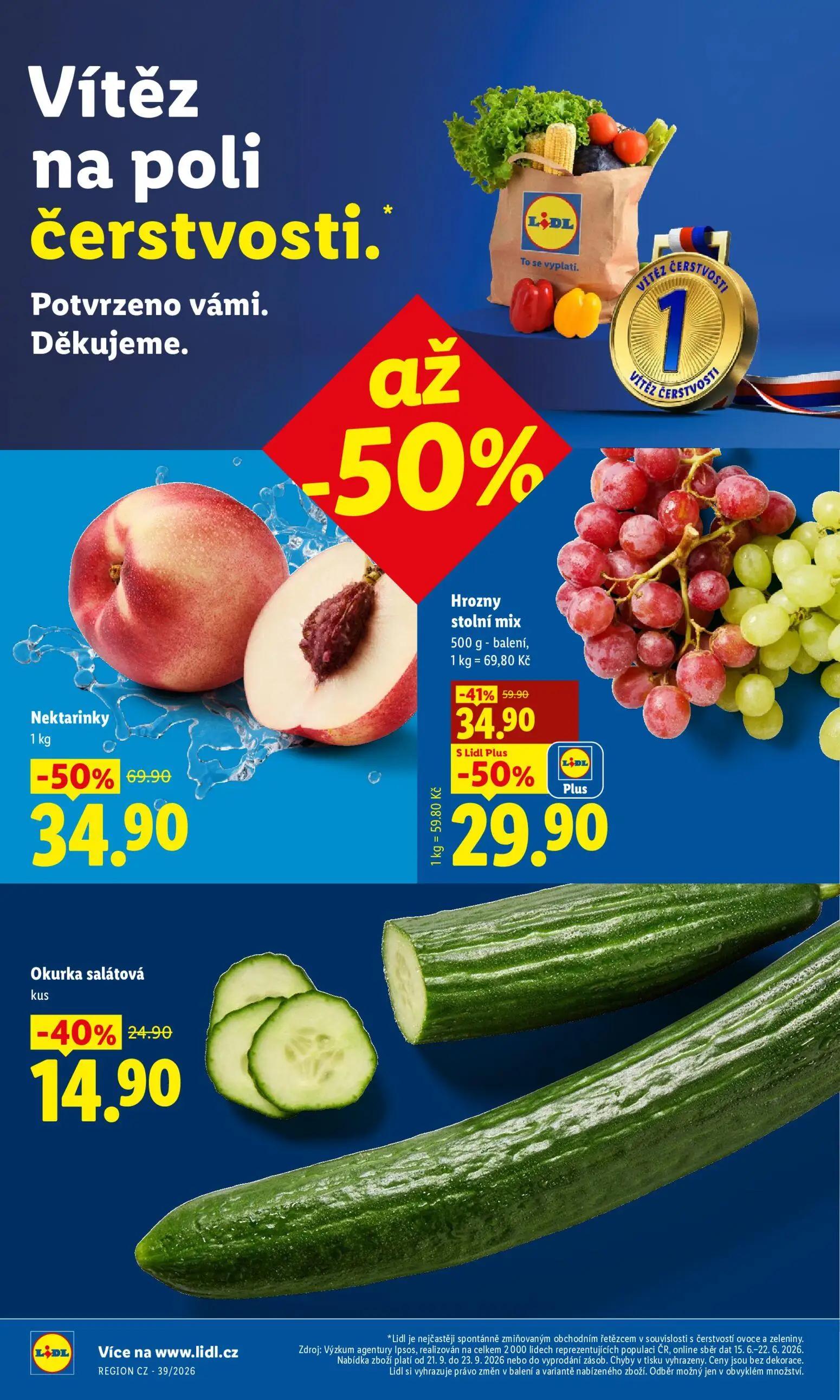Lidl leták, strana 14 z 50 — Nektarinky, Hrozny stolní mix, Okurka salátová