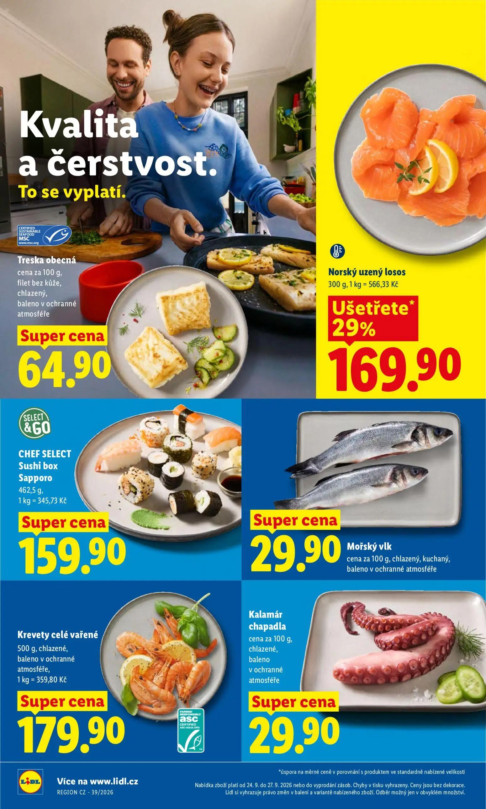 Lidl leták, strana 16 z 47 — Norský uzený losos, Treska obecná, CHEF SELECT Sushi box Sapporo
