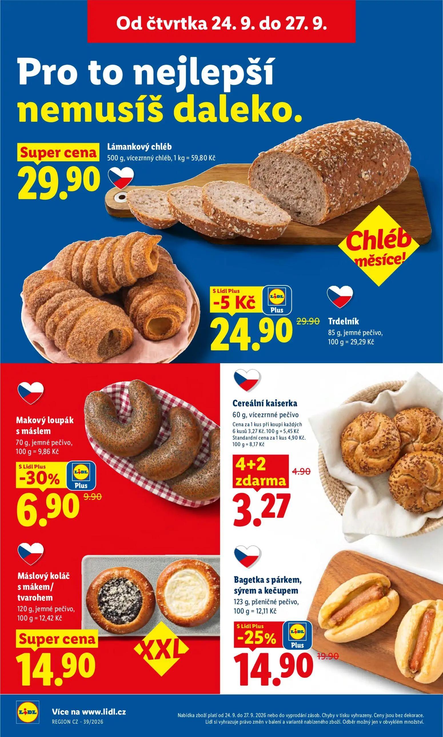 Lidl leták, strana 18 z 47 — Trdelník, Bagetka s párkem, sýrem a kečupem, Makový loupák s máslem