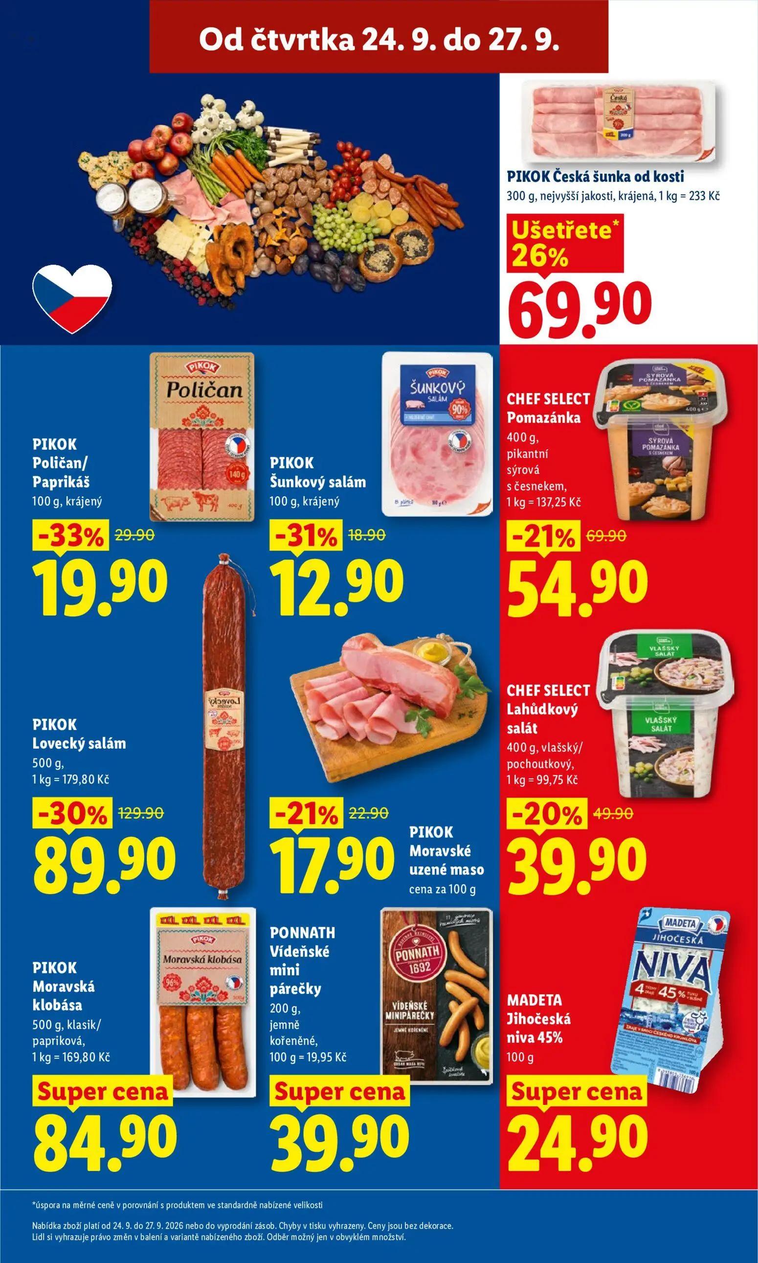 Lidl leták, strana 19 z 47 — PIKOK Lovecký salám, PIKOK Česká šunka od kosti, CHEF SELECT Pomazánka pikantní sýrová s česnek…