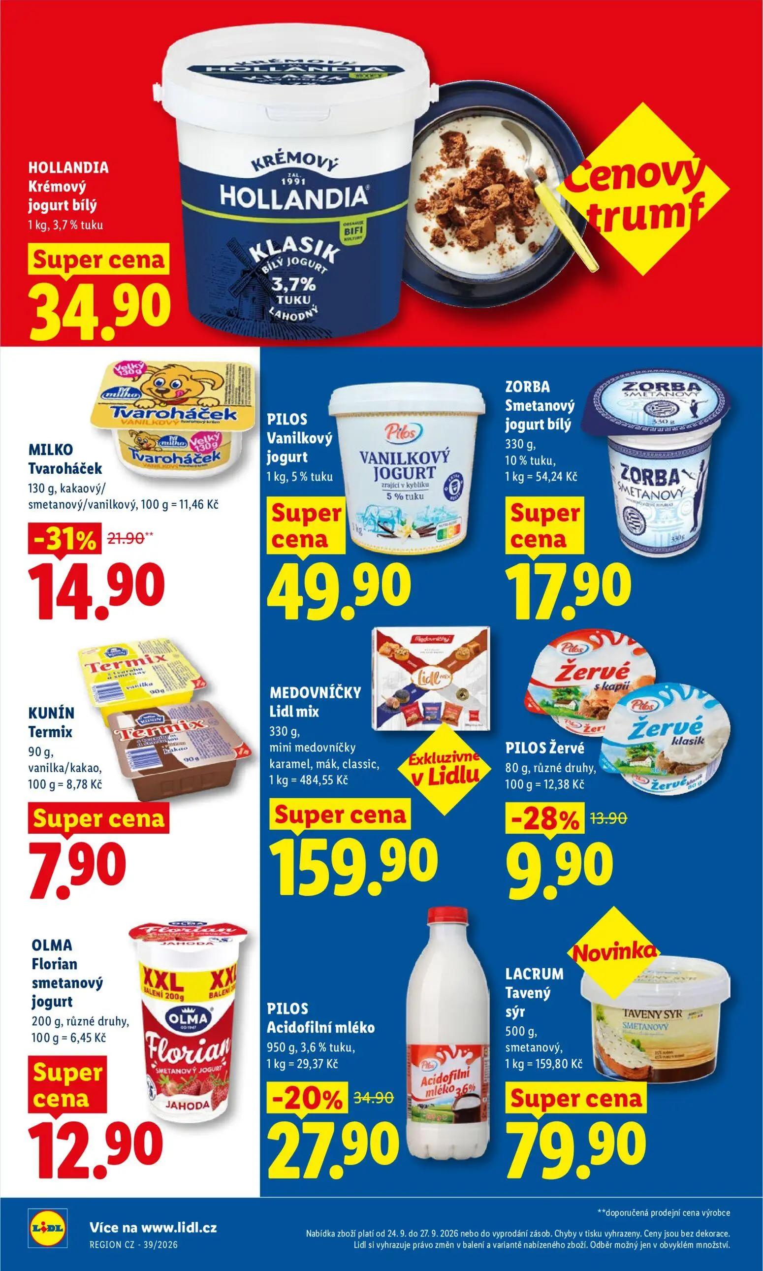 Lidl leták, strana 20 z 47 — MILKO Tvaroháček kakaový/smetanový/vanilkový, PILOS Acidofilní mléko, PILOS Žervé