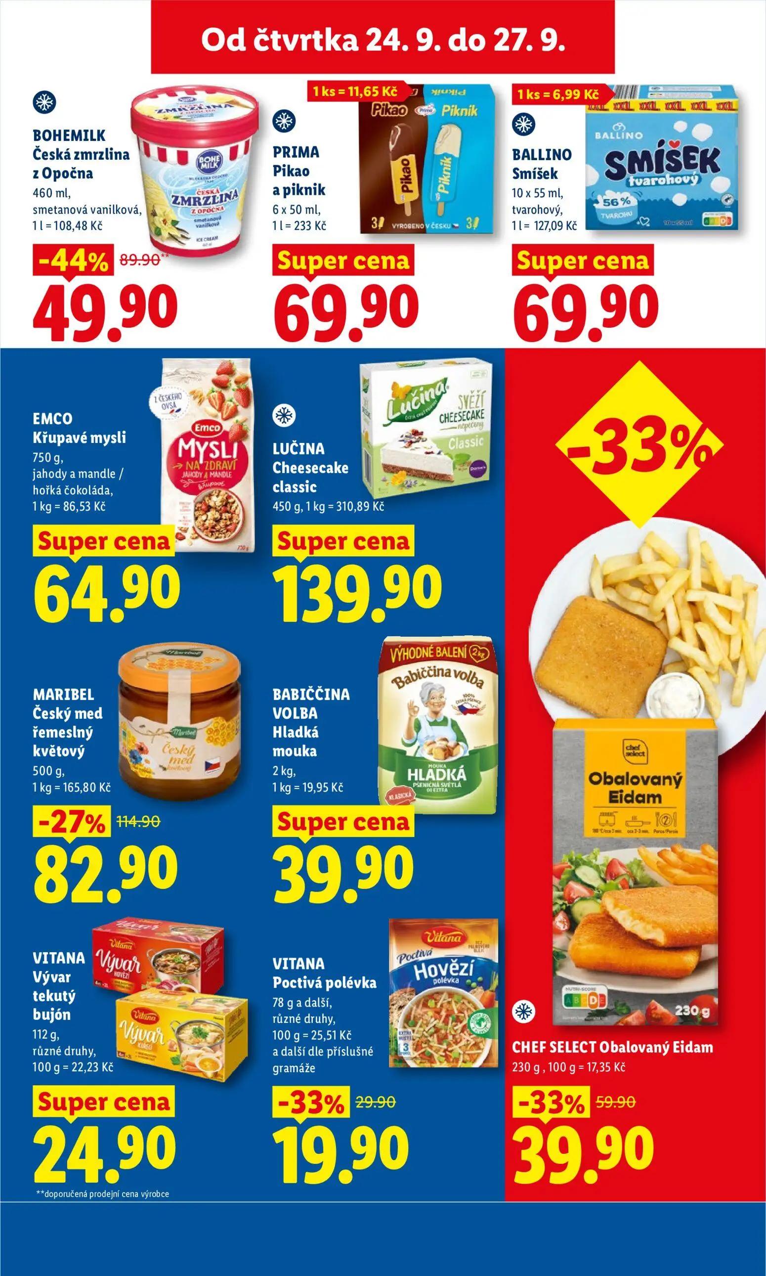 Lidl leták, strana 21 z 47 — BOHEMILK Česká zmrzlina z Opočna, MARIBEL Český med řemeslný květový, CHEF SELECT Obalovaný Eid…