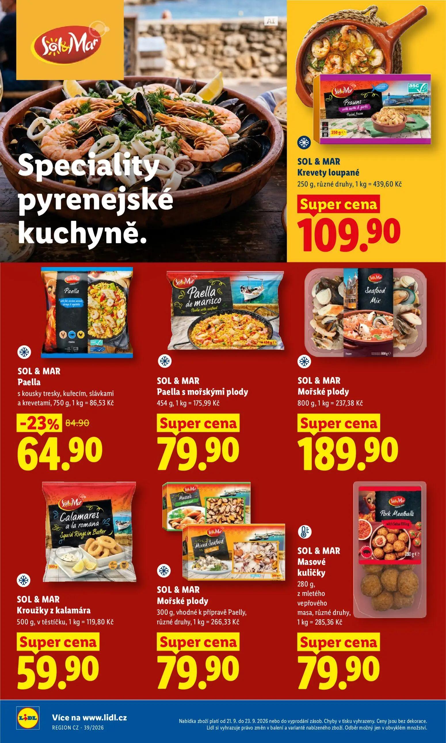 Lidl leták, strana 22 z 50 — Paella s kousky tresky, kuřecím, slávkami a krevetami, Krevety loupané, Paella s mořskými plody