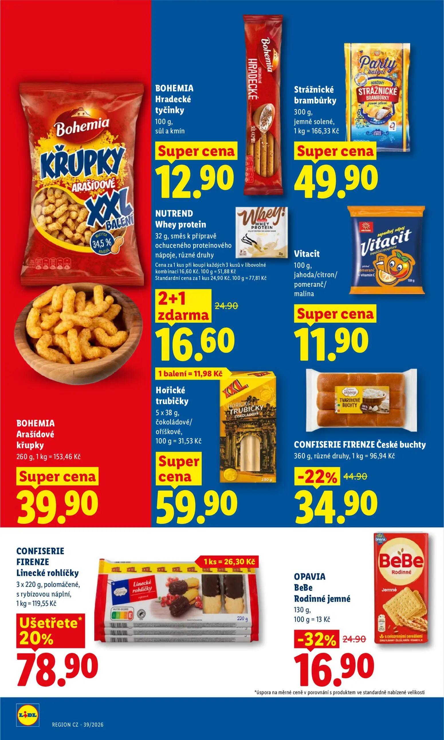Lidl leták, strana 22 z 47 — CONFISERIE FIRENZE Linecké rohlíčky, CONFISERIE FIRENZE České buchty, NUTREND Whey protein