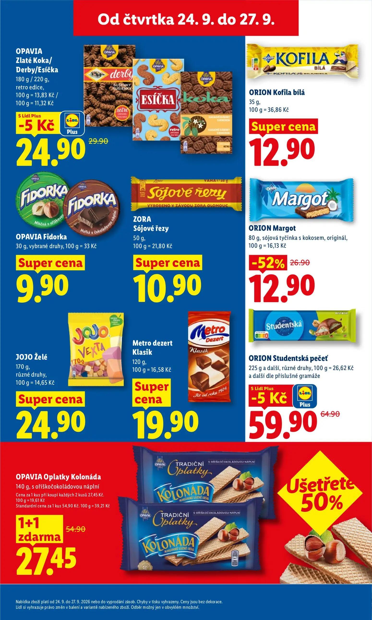 Lidl leták, strana 23 z 47 — OPAVIA Oplatky Kolonáda, ORION Margot, OPAVIA Zlaté Koka/ Derby/Esíčka