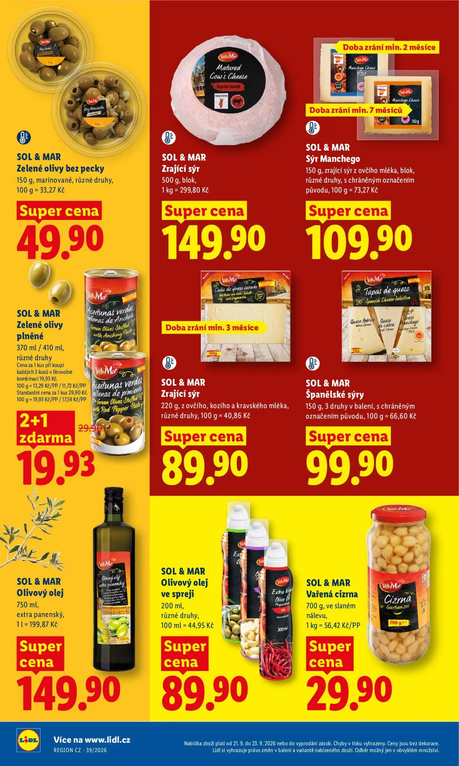 Lidl leták, strana 24 z 50 — Zelené olivy plněné, Zelené olivy bez pecky, Zrající sýr