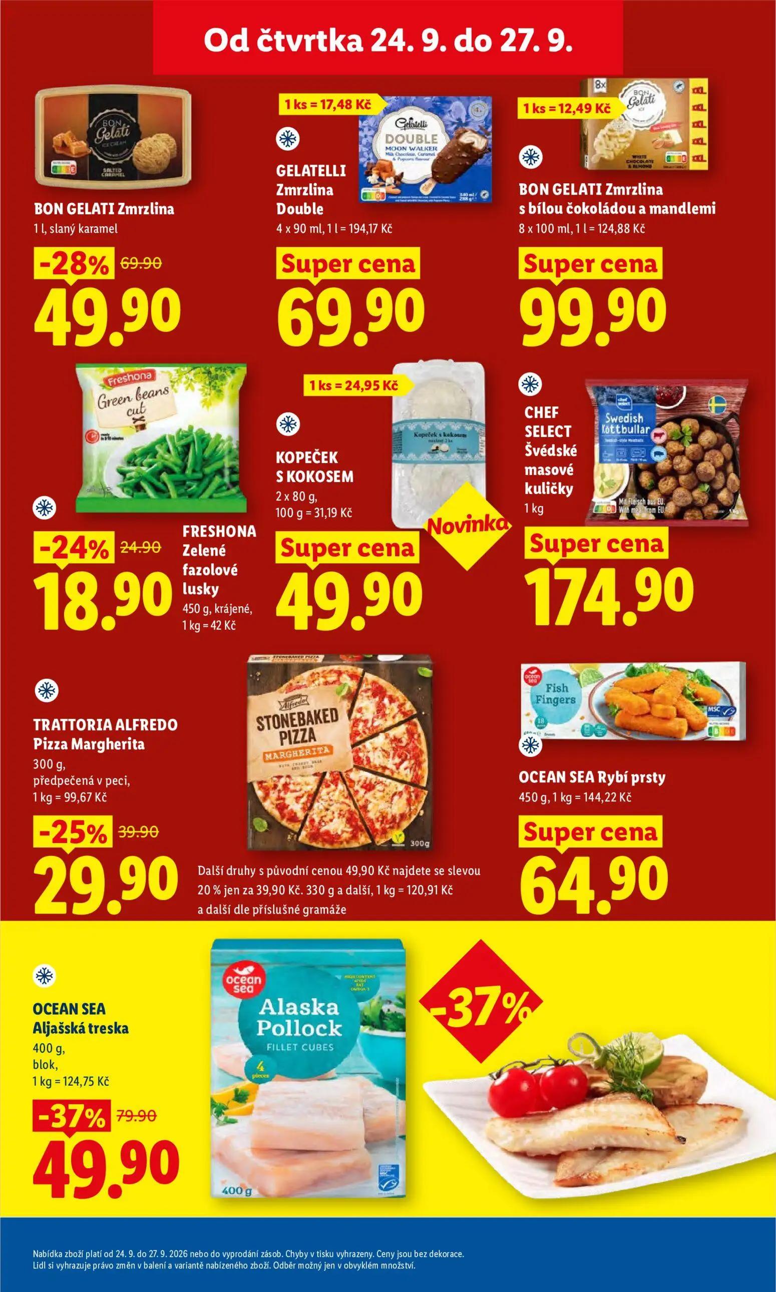 Lidl leták, strana 27 z 47 — OCEAN SEA Aljašská treska, BON GELATI Zmrzlina, TRATTORIA ALFREDO Pizza Margherita