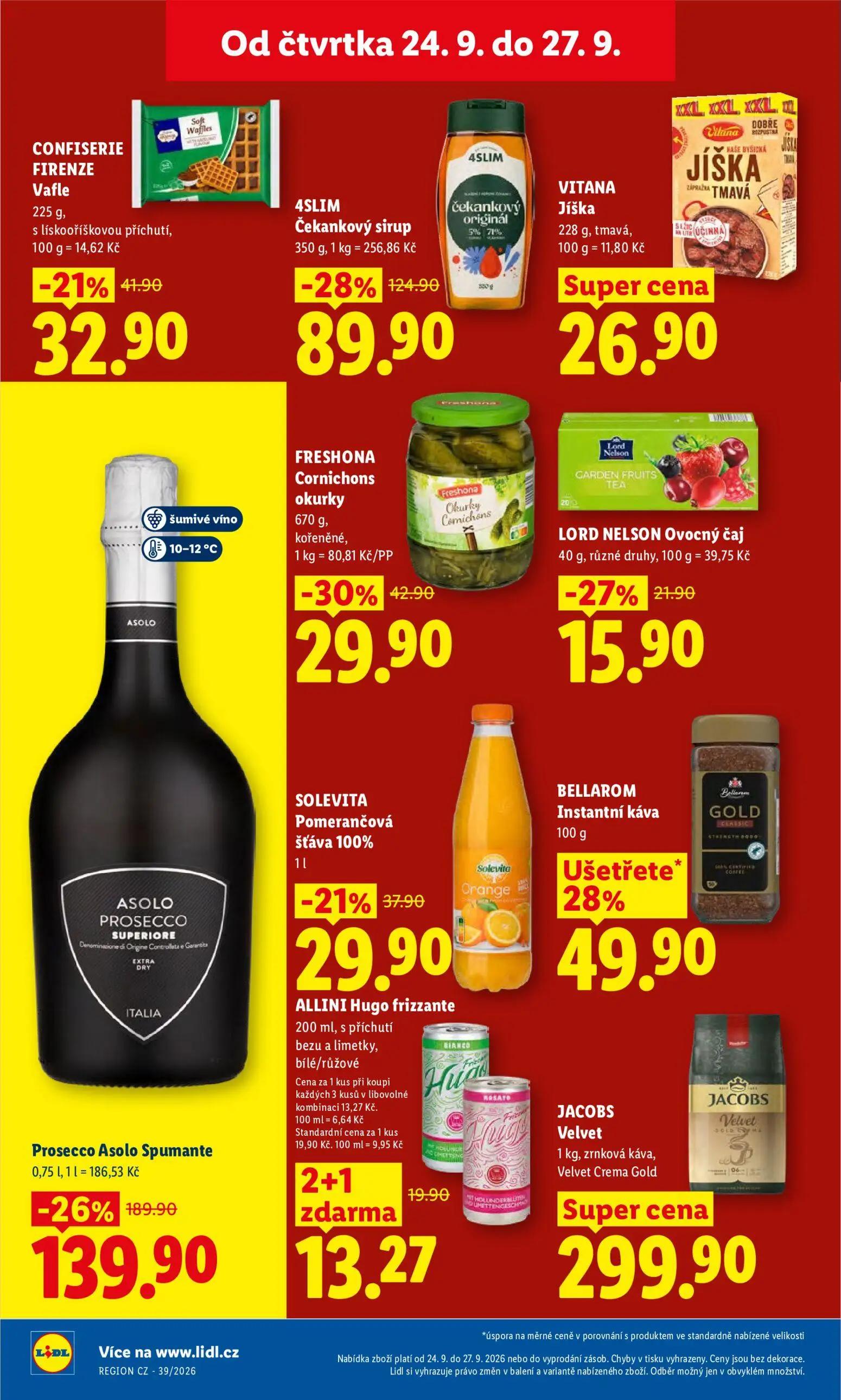 Lidl leták, strana 28 z 47 — Prosecco Asolo Spumante, 4SLIM Čekankový sirup, FRESHONA Cornichons okurky kořeněné