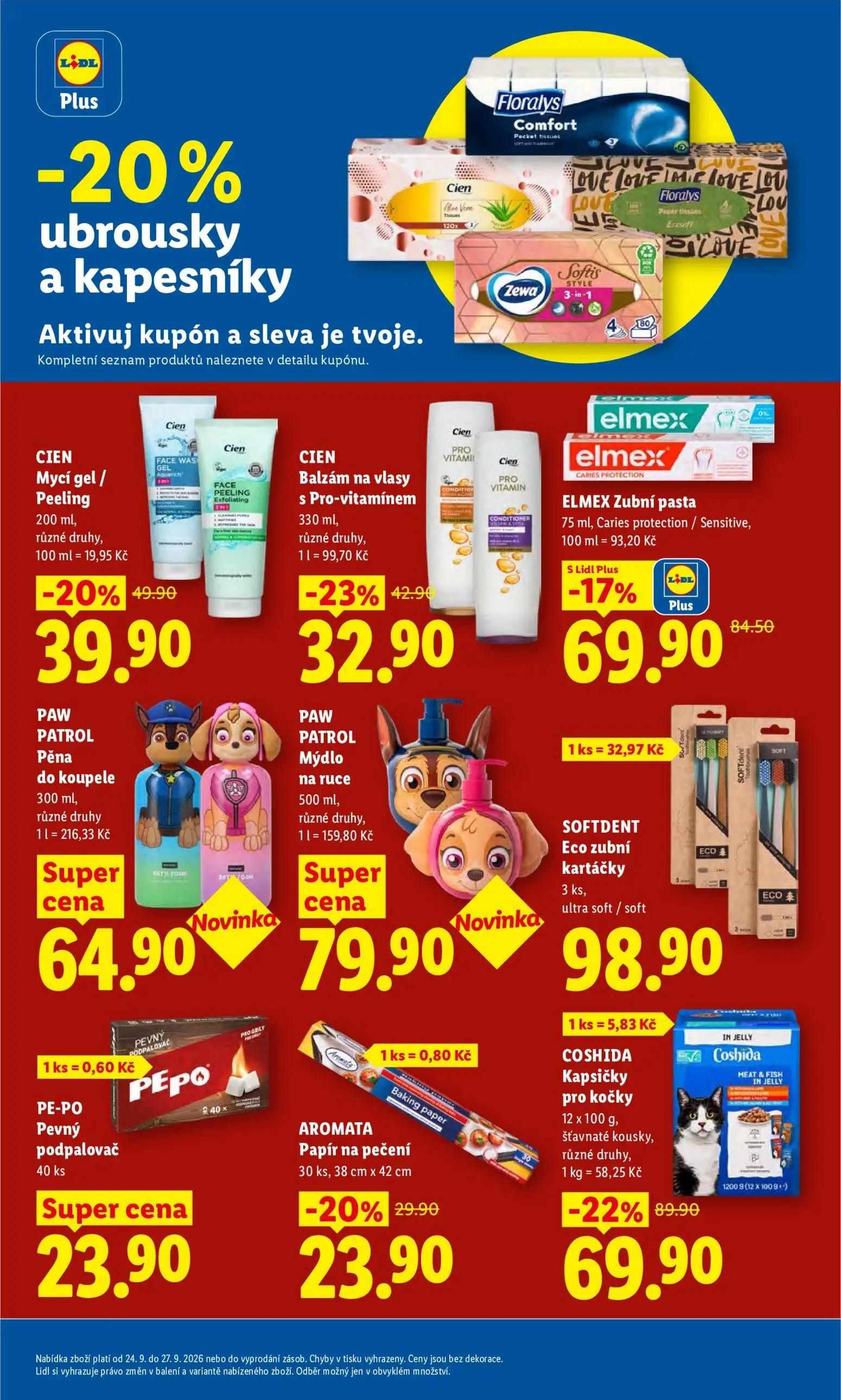 Lidl leták, strana 29 z 47 — COSHIDA Kapsičky pro kočky, ELMEX Zubní pasta, Cien Mycí gel / Peeling