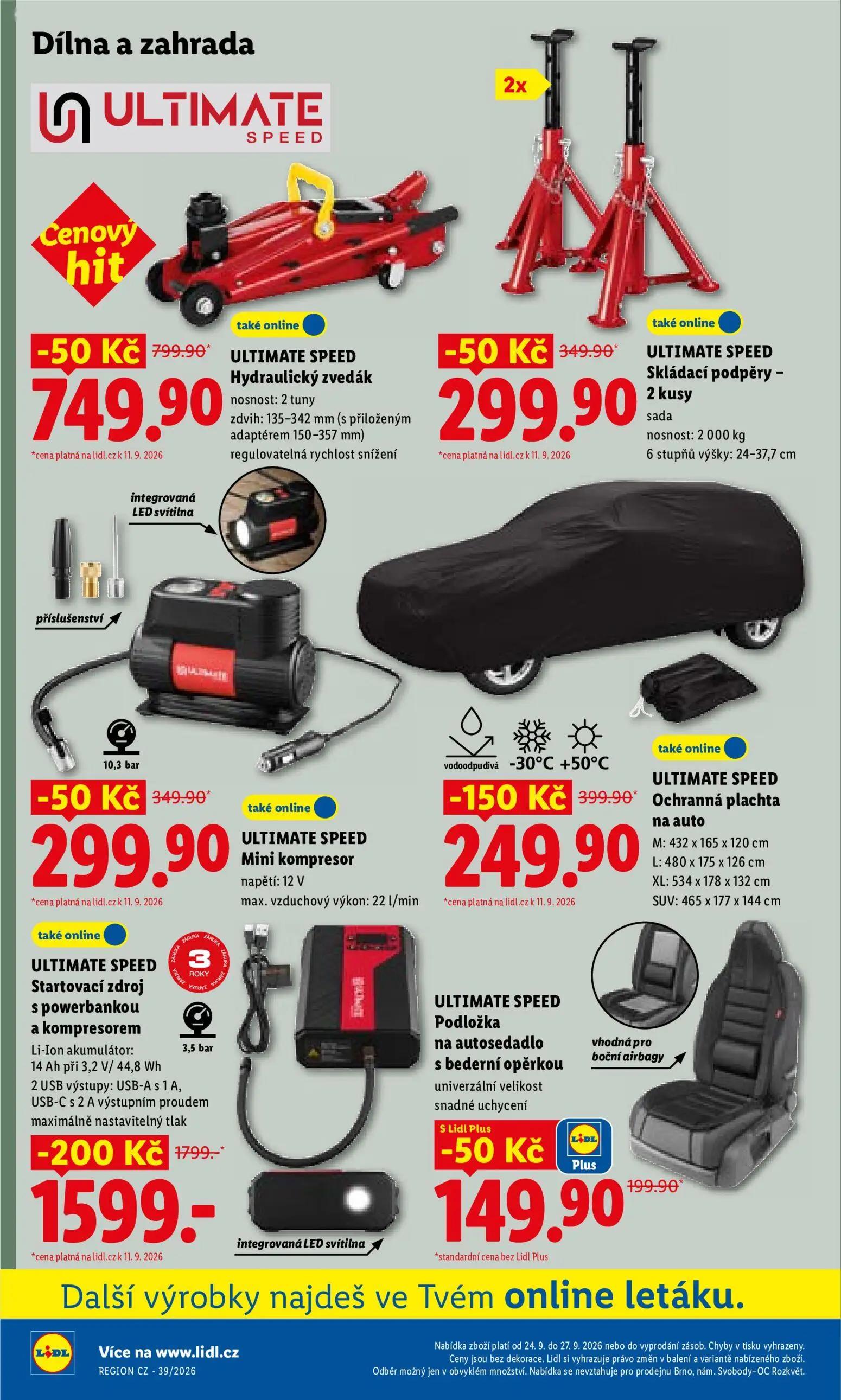 Lidl leták, strana 32 z 47 — Startovací zdroj s powerbankou a kompresorem, Ochranná plachta na auto, Hydraulický zvedák