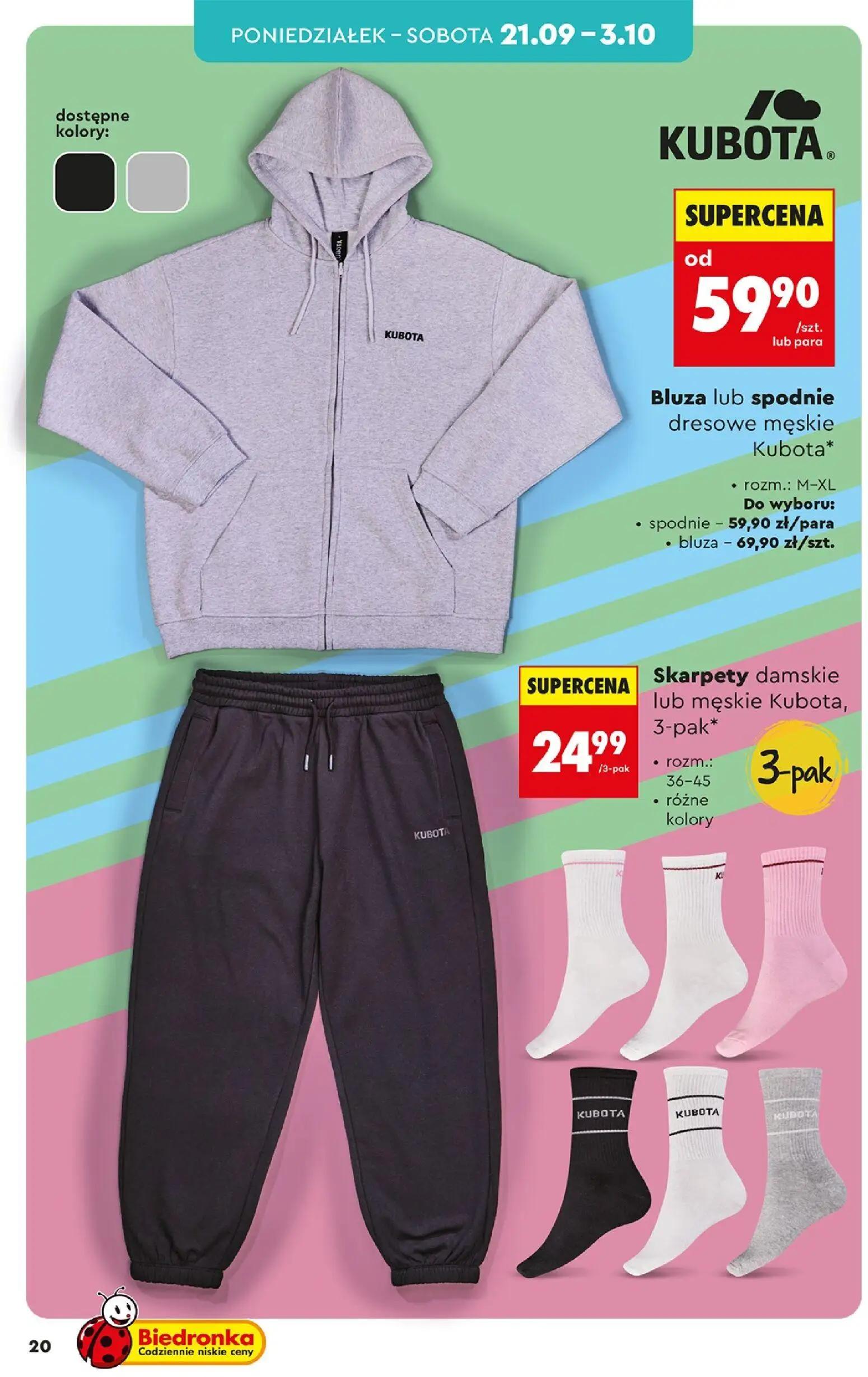 Biedronka gazetka, strona 20 z 44 — Bluza lub spodnie dresowe męskie Kubota, Skarpety damskie lub męskie Kubota