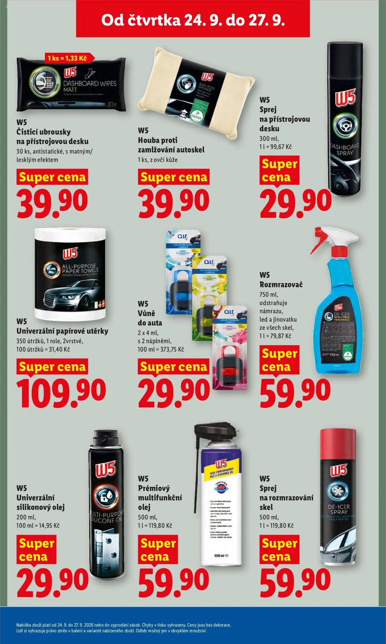 Lidl leták, strana 34 z 47 — W5 Čisticí ubrousky na přístrojovou desku, W5 Houba proti zamlžování autoskel, W5 Sprej na přís…