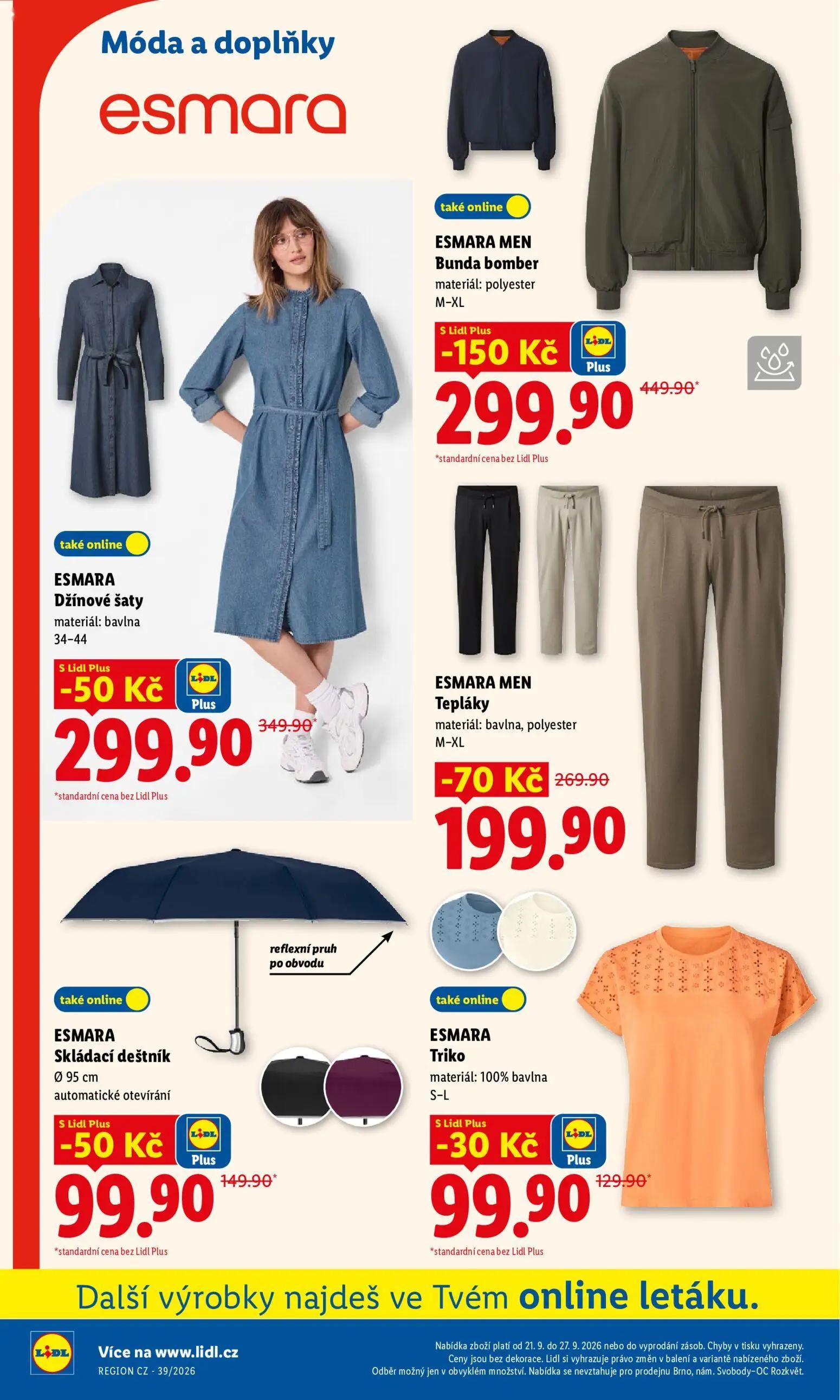 Lidl leták, strana 40 z 50 — Bunda bomber, Tepláky, Džínové šaty