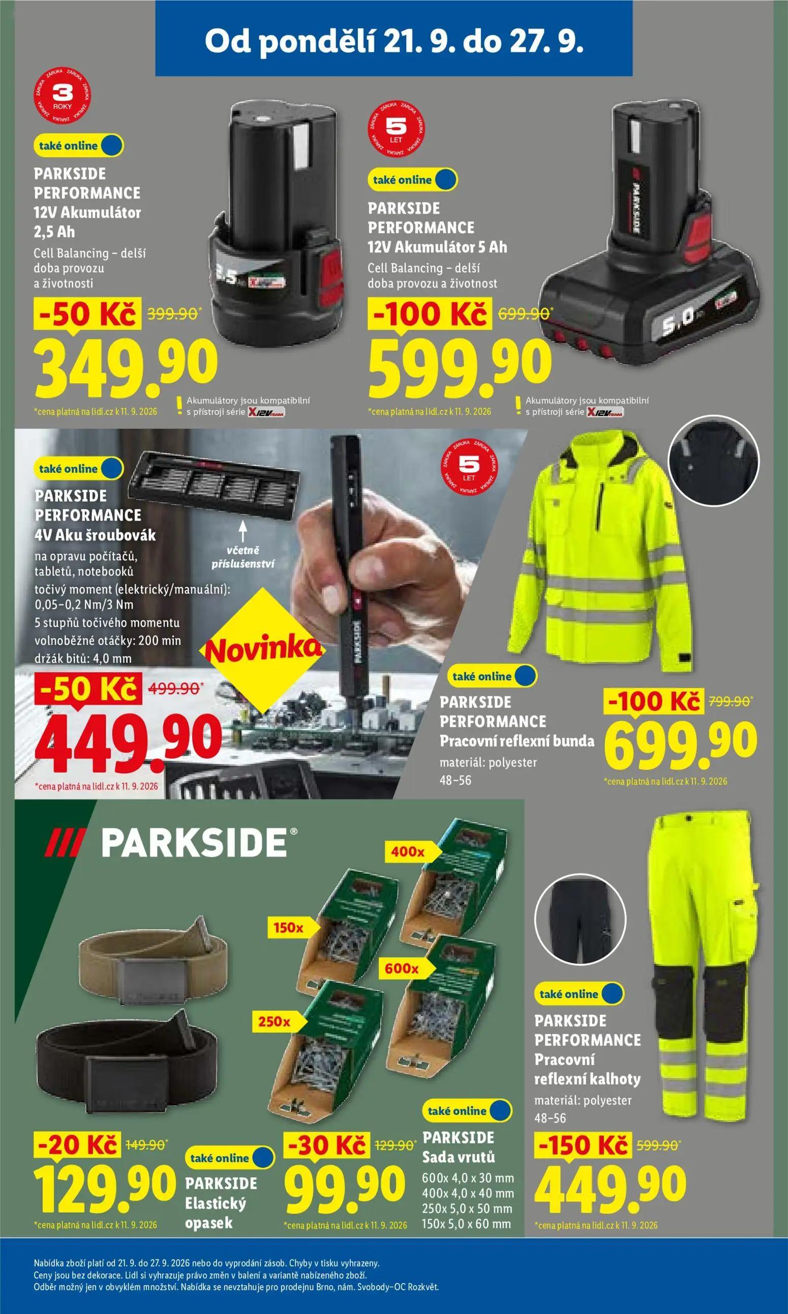Lidl leták, strana 43 z 50 — PARKSIDE PERFORMANCE Pracovní reflexní kalhoty, PARKSIDE PERFORMANCE 12V Akumulátor, PARKSIDE P…