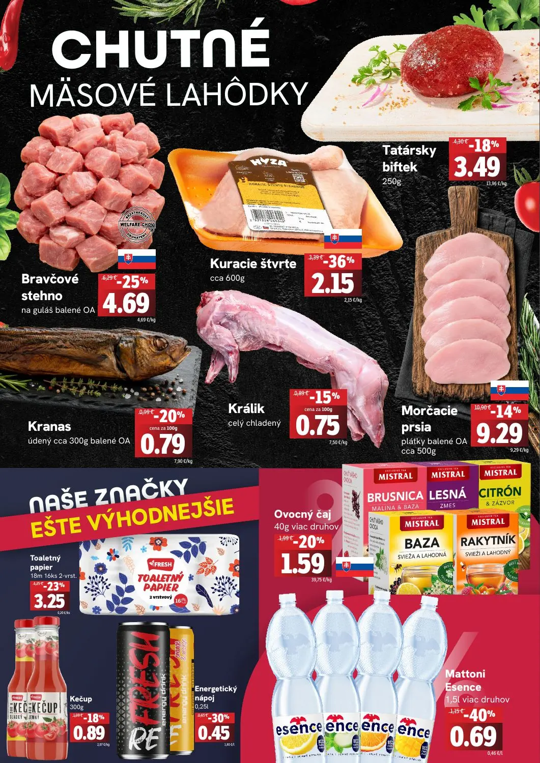 Fresh leták, strana 2 z 4 — Morčacie prsia plátky balené OA, Bravčové stehno na guláš balené OA, Kuracie štvrte
