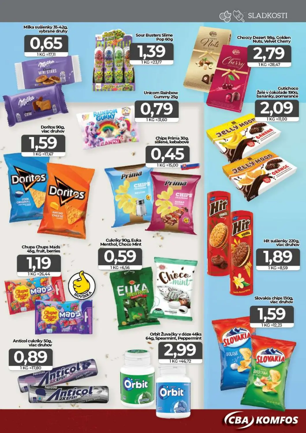 Cba Komfos leták, strana 11 z 16 — Milka sušienky, Sour Busters Slime Pop, Choccy Dezert Golden Nuts, Velvet Cherry