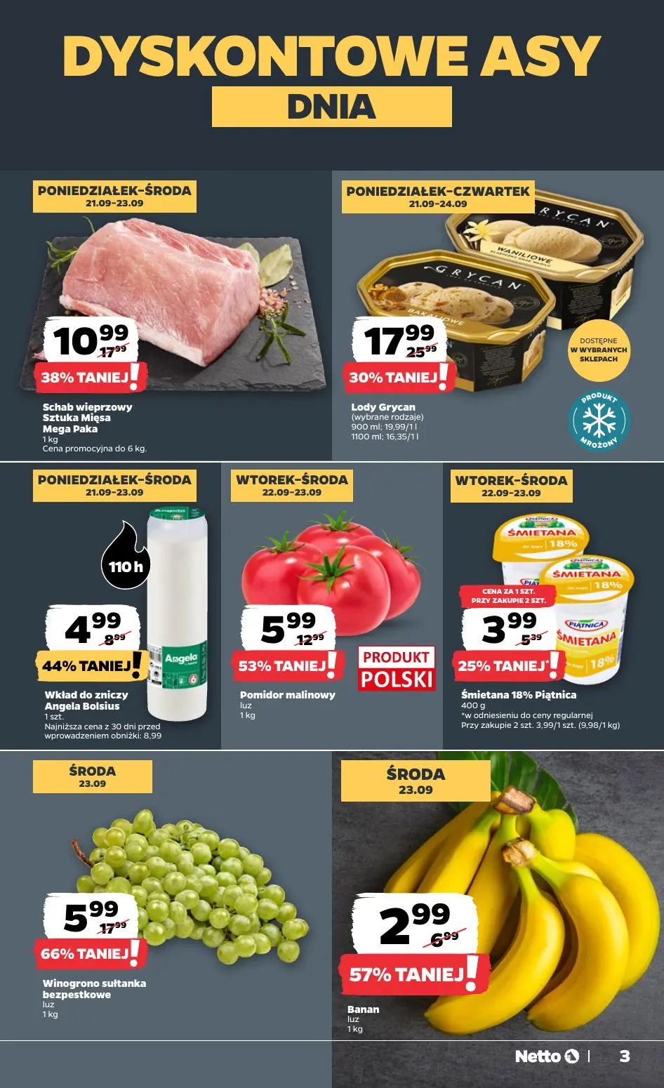NETTO gazetka, strona 3 z 44 — Winogrono sułtanka bezpestkowe, Lody Grycan, Schab wieprzowy Sztuka Mięsa Mega Paka
