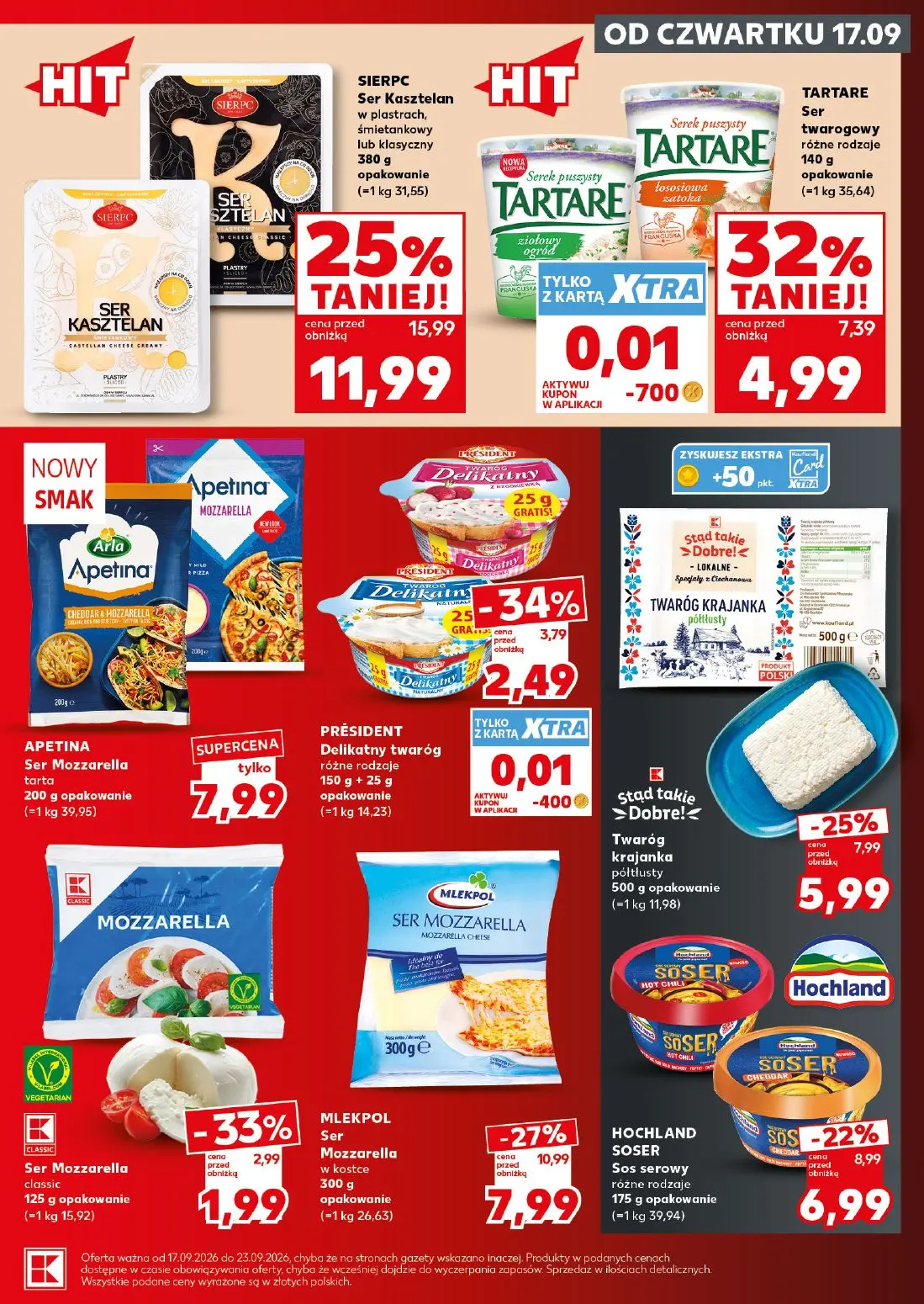 Kaufland gazetka, strona 17 z 28 — Ser Kasztelan w plastrach, śmietankowy lub klasyczny, MLEKPOL Ser Mozzarella w kostce, TA…