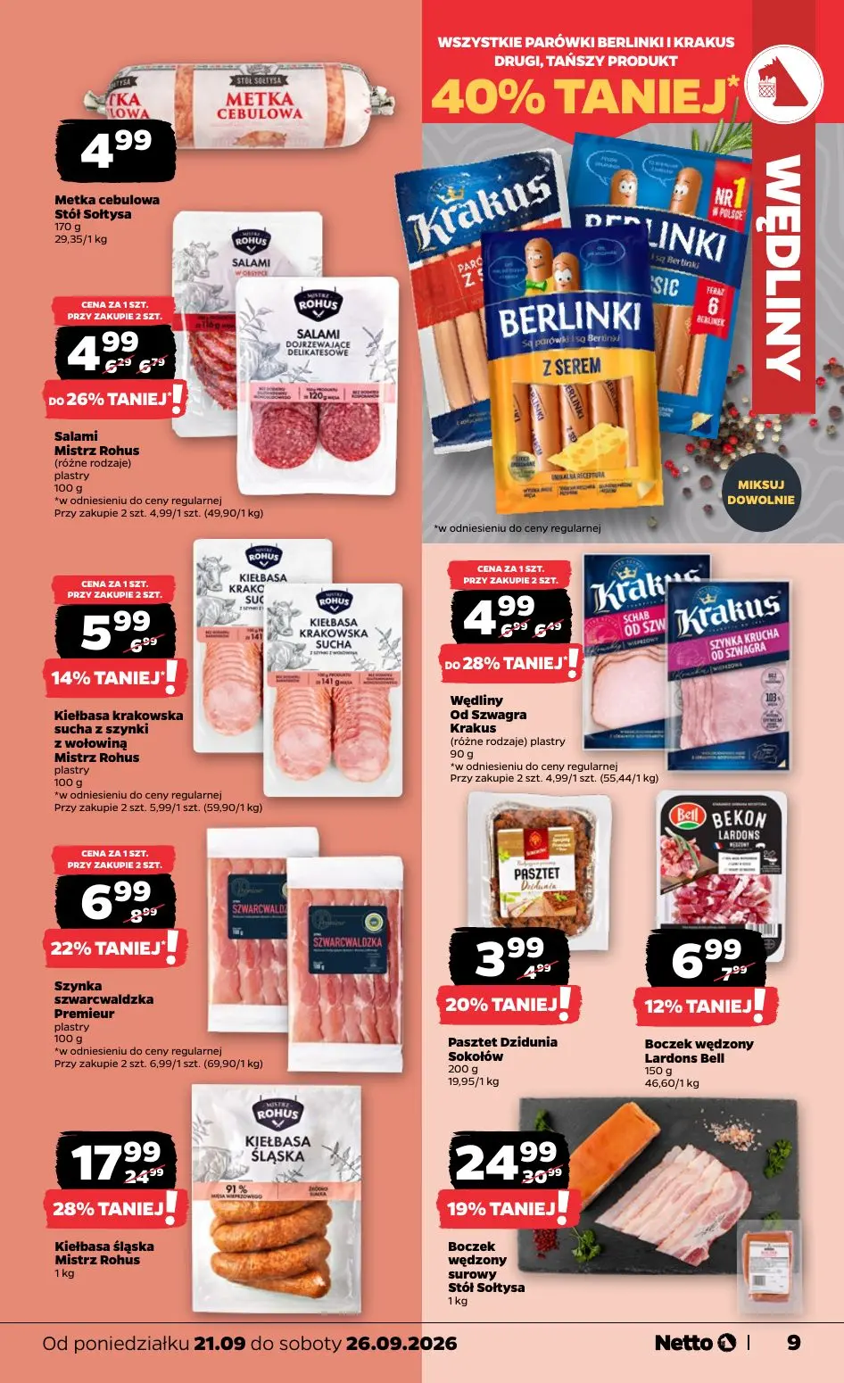 NETTO gazetka, strona 9 z 44 — Kiełbasa śląska Mistrz Rohus, Boczek wędzony surowy Stół Sołtysa, Szynka szwarcwaldzka Premie…