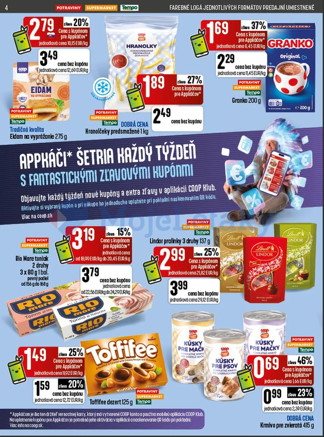Coop Jednota leták, strana 4 z 28 — Lindor pralinky 3 druhy, Eidam na vyprážanie, Hranolčeky predsmažené