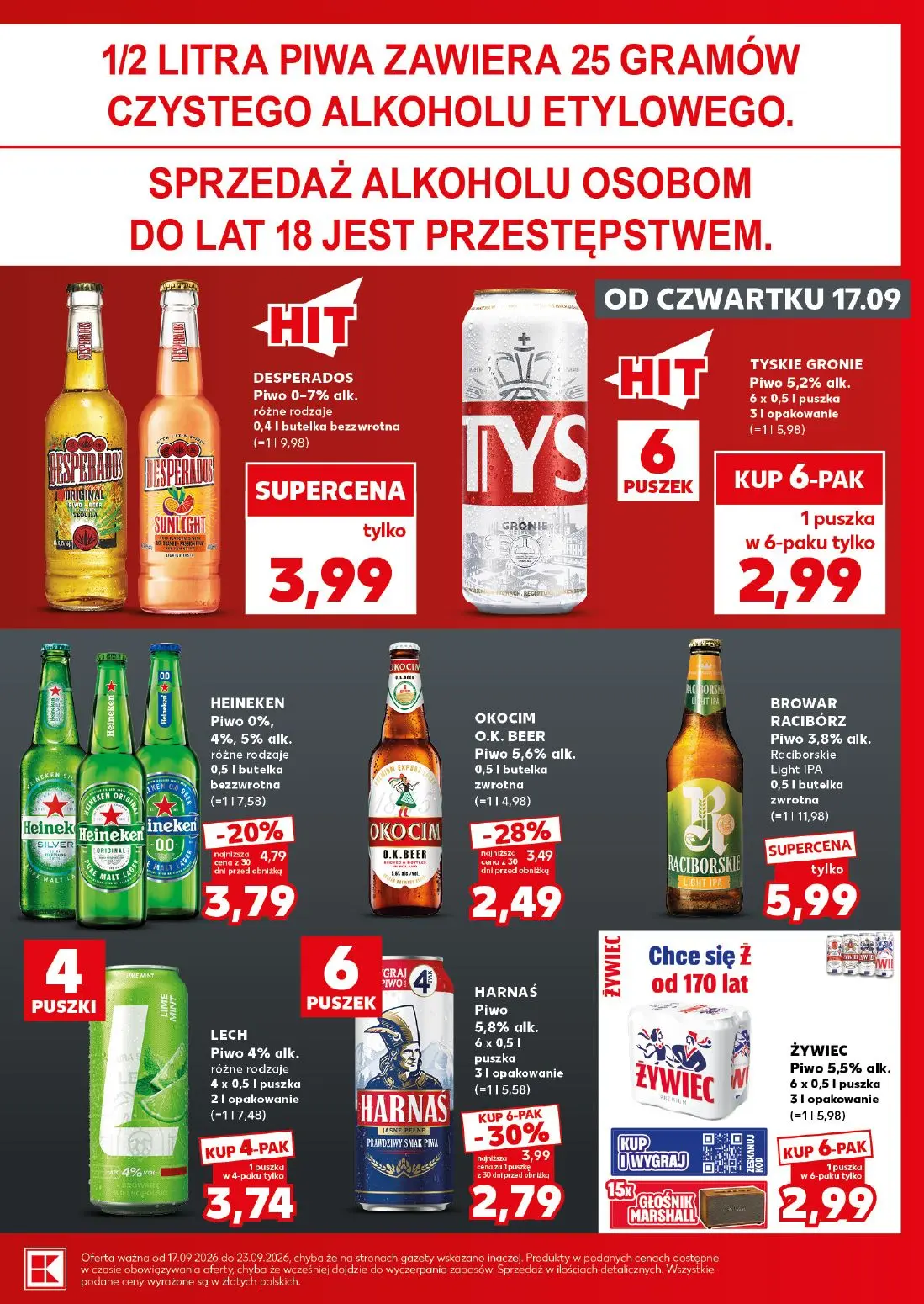 Kaufland gazetka, strona 23 z 28 — HARNAŚ Piwo 5,8% alk., HEINEKEN Piwo 0%, 4%, 5% alk. różne rodzaje, OKOCIM O.K. BEER Piwo…
