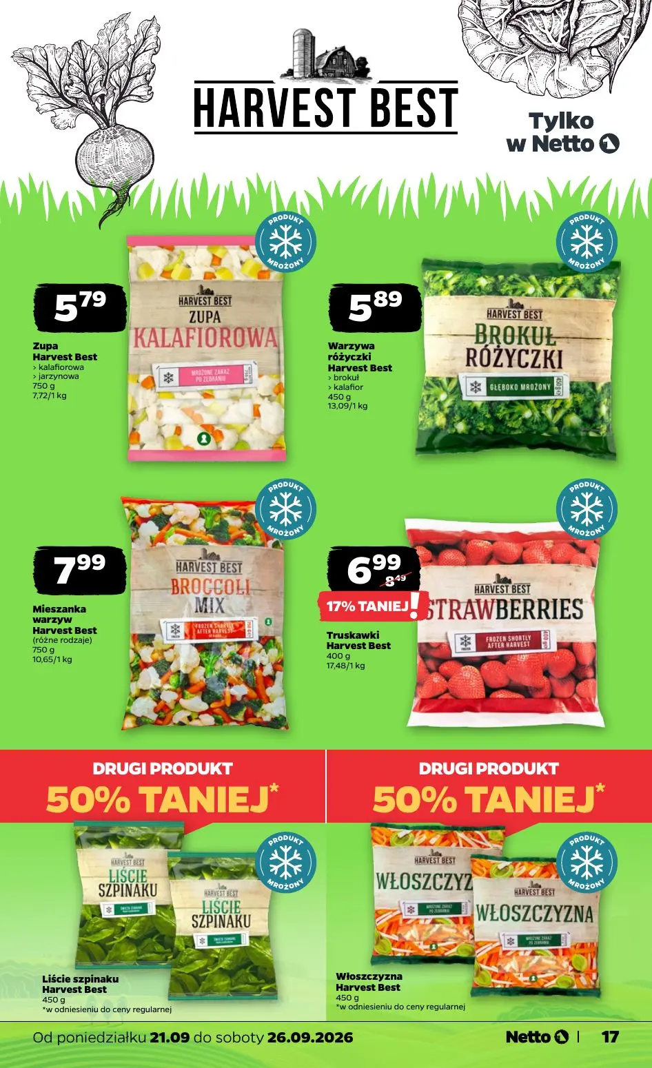 NETTO gazetka, strona 17 z 44 — Truskawki Harvest Best, Zupa Harvest Best > kalafiorowa > jarzynowa, Warzywa różyczki Harves…