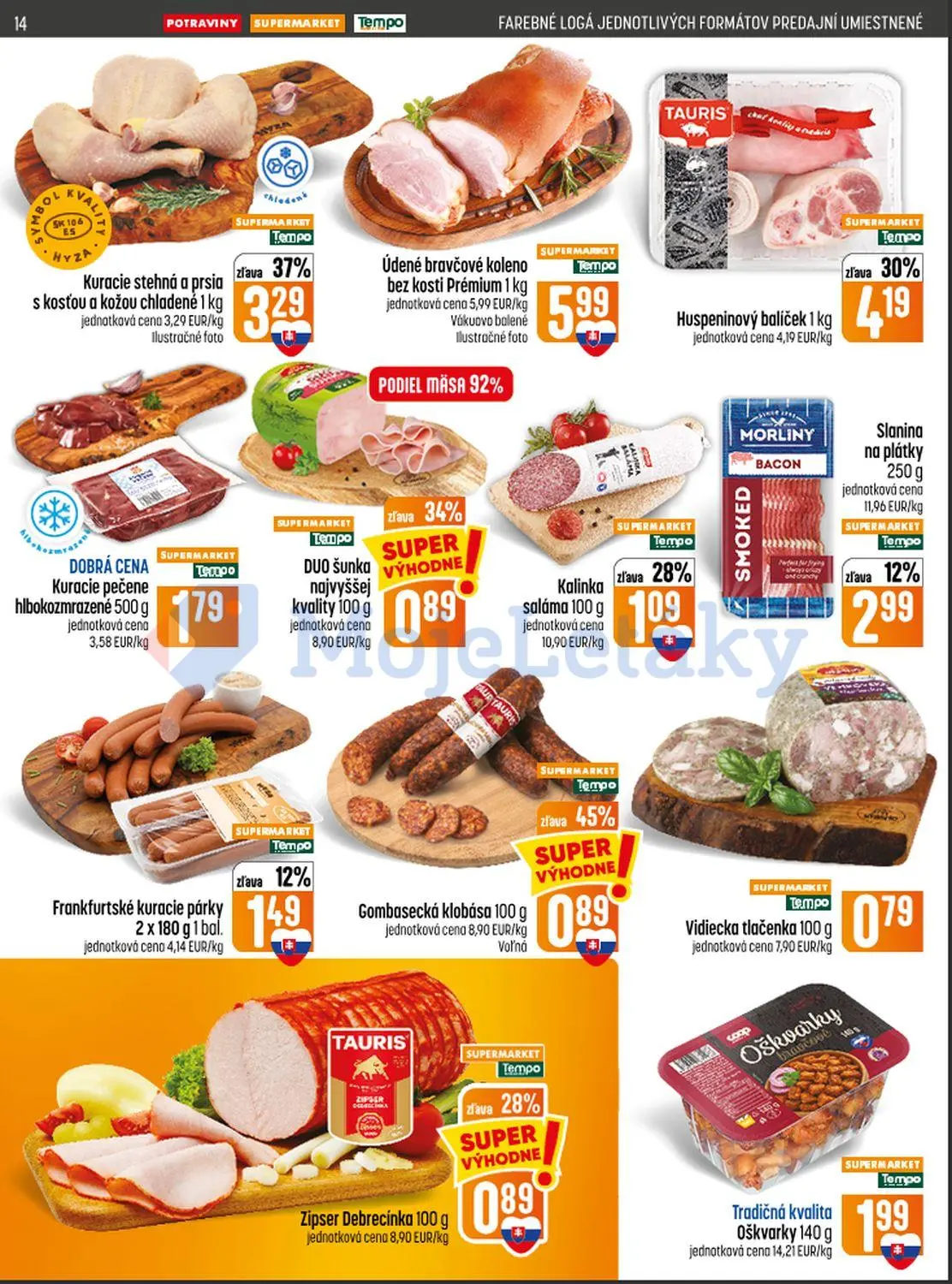 Coop Jednota leták, strana 14 z 28 — Kuracie stehná a prsia s kosťou a kožou chladené, Huspeninový balíček, Gombasecká klobá…