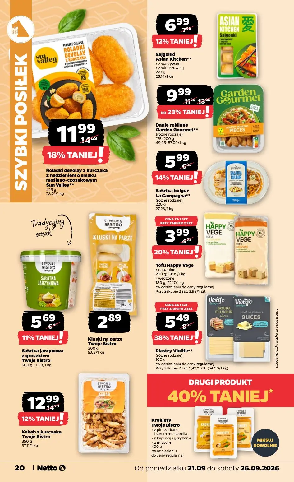 NETTO gazetka, strona 20 z 44 — Plastry Violife** (różne rodzaje), Danie roślinne Garden Gourmet** (różne rodzaje), Roladki …