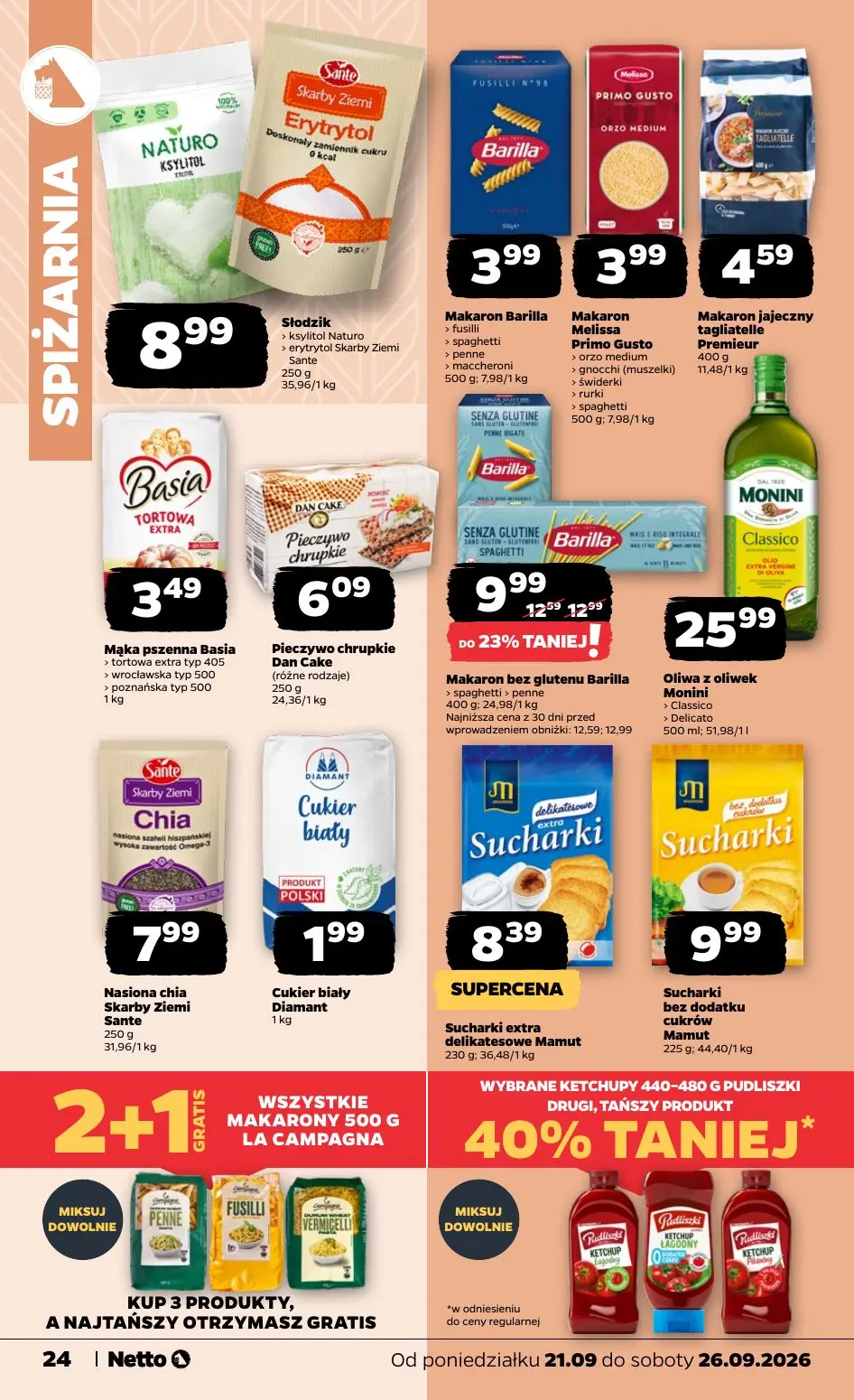 NETTO gazetka, strona 24 z 44 — Makaron bez glutenu Barilla spaghetti penne, Słodzik ksylitol Naturo erytrytol Skarby Ziemi …
