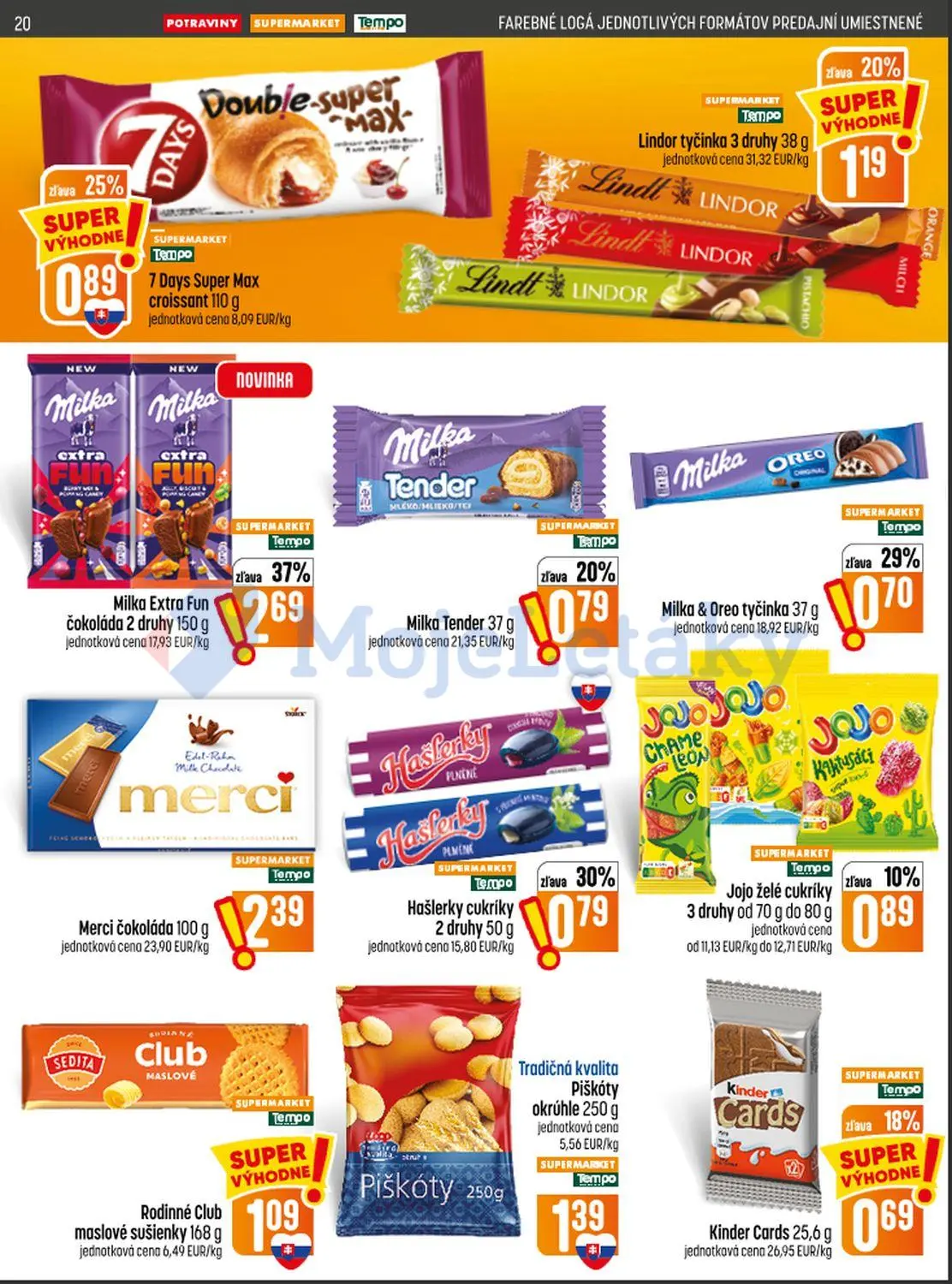 Coop Jednota leták, strana 20 z 28 — Milka Extra Fun čokoláda 2 druhy, Hašlerky cukríky 2 druhy, 7 Days Super Max croissant
