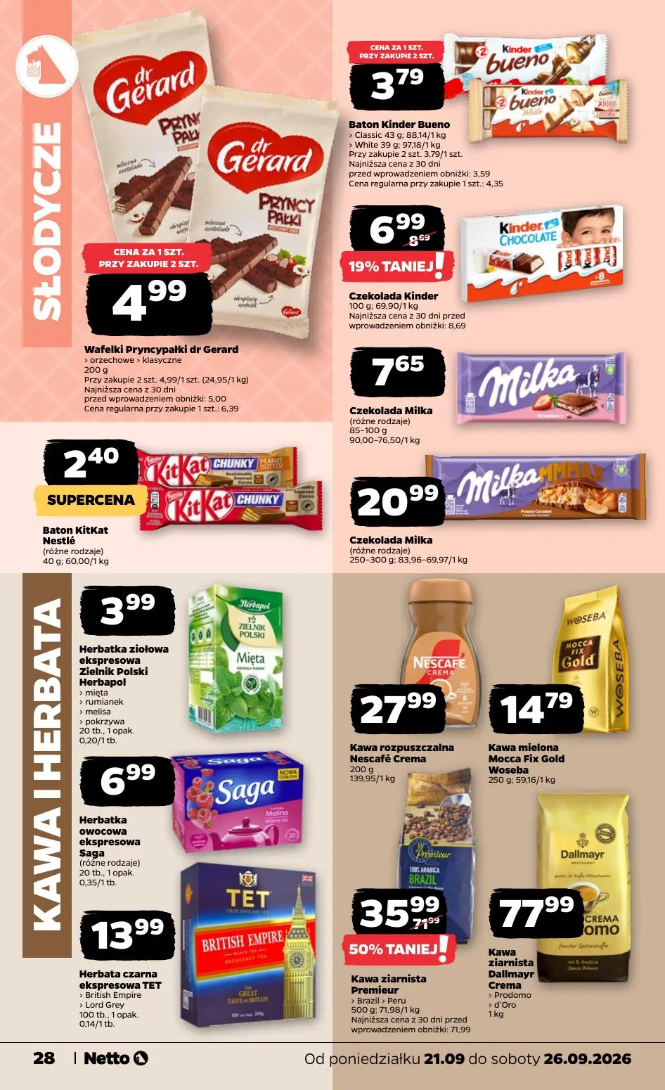 NETTO gazetka, strona 28 z 44 — Kawa ziarnista Premieur, Czekolada Kinder, Wafelki Pryncypałki dr Gerard