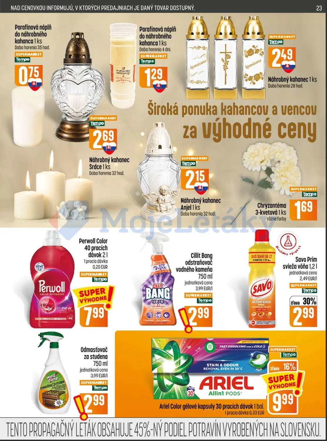 Coop Jednota leták, strana 23 z 28 — Ariel Color gélové kapsuly, Savo Prim svieža vôňa, Parafínová náplň do náhrobného kahan…