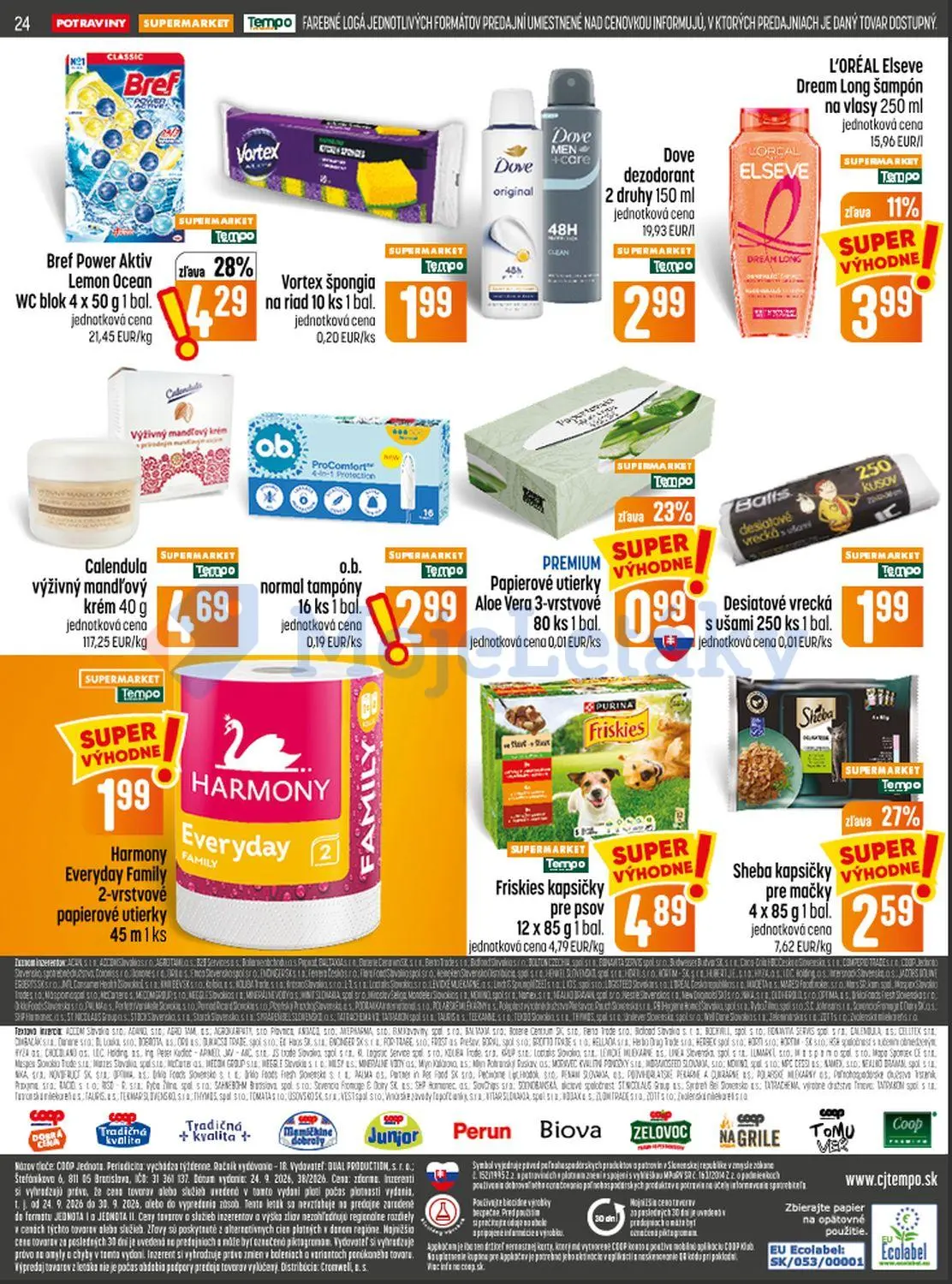 Coop Jednota leták, strana 24 z 28 — Bref Power Aktiv Lemon Ocean WC blok, Sheba kapsičky pre mačky, L'ORÉAL Elseve Dream Lo…