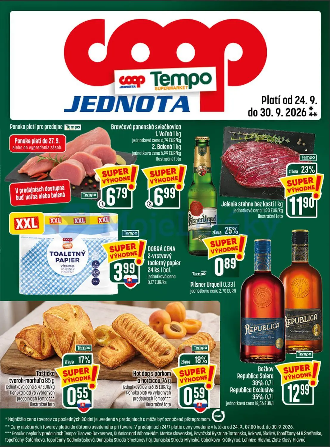 Coop Jednota leták, strana 25 z 28 — Jelenie stehno bez kosti, Pilsner Urquell, Hot dog s párkom a horčicou