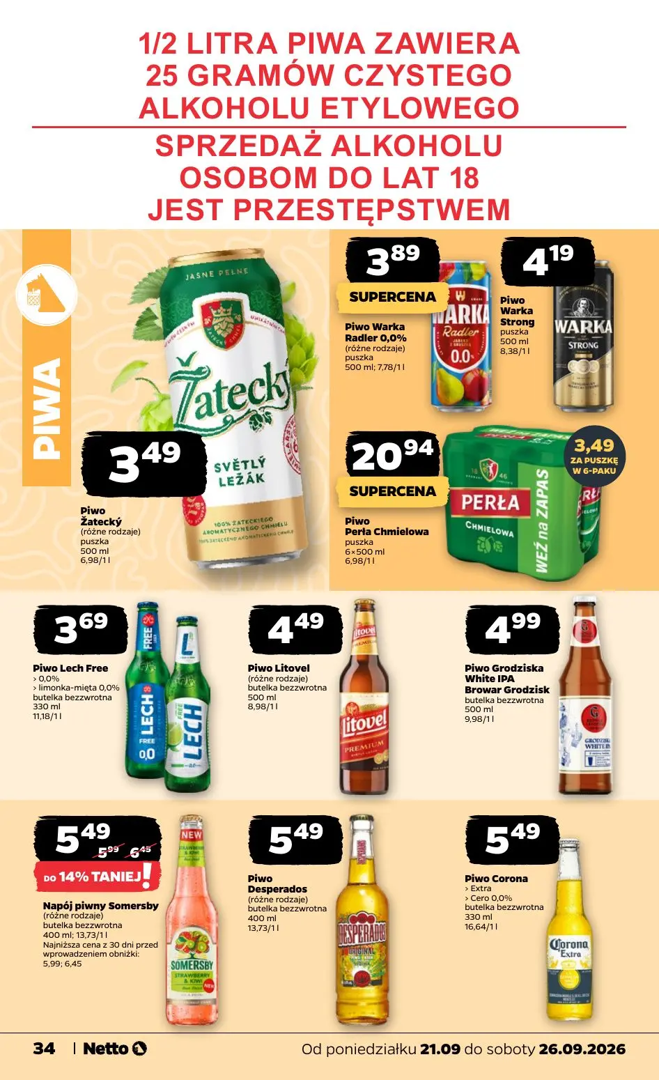 NETTO gazetka, strona 34 z 44 — Napój piwny Somersby, Piwo Warka Radler 0,0%, Piwo Warka Strong