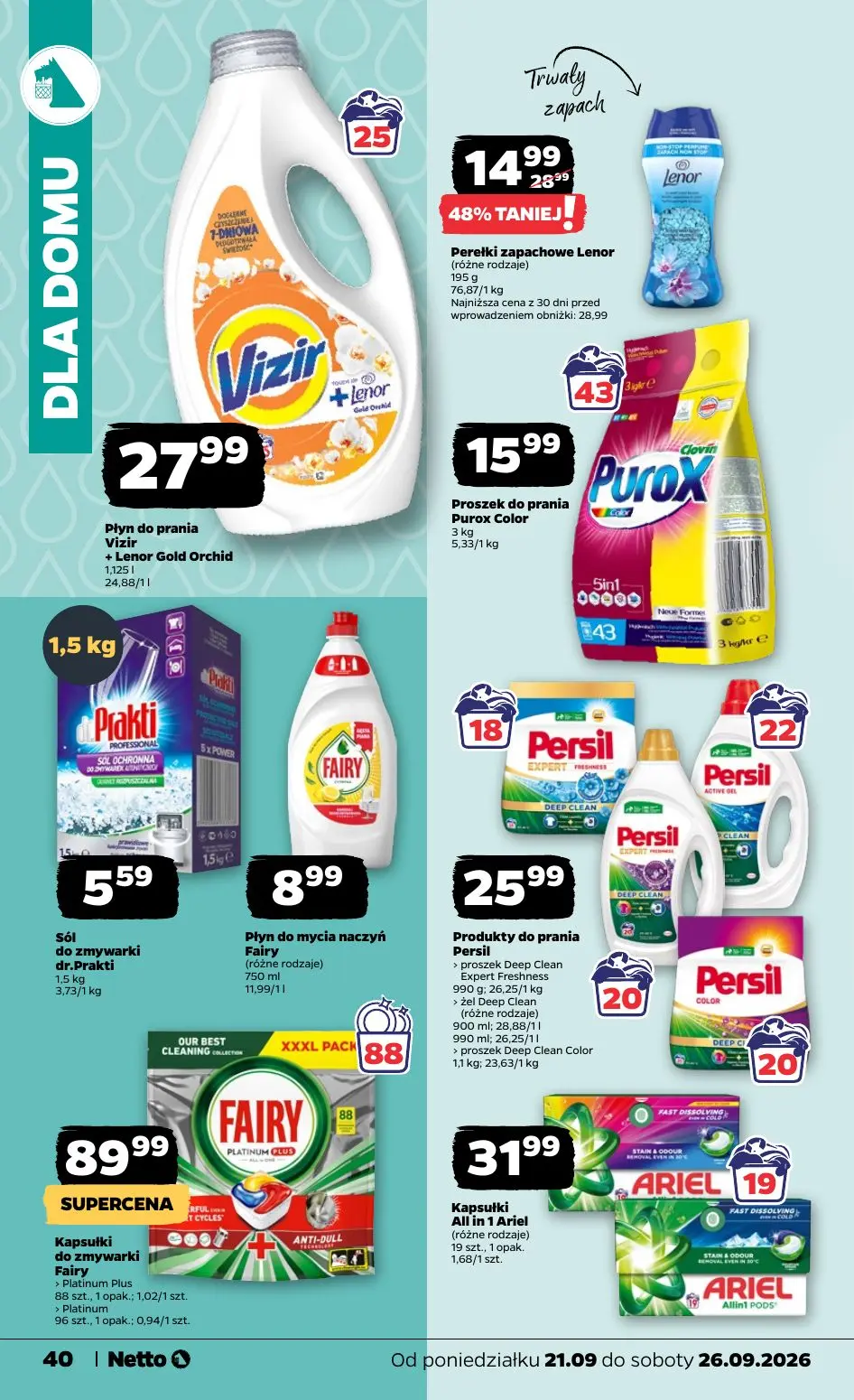 NETTO gazetka, strona 40 z 44 — Perełki zapachowe Lenor, Płyn do prania Vizir + Lenor Gold Orchid, Proszek do prania Purox C…