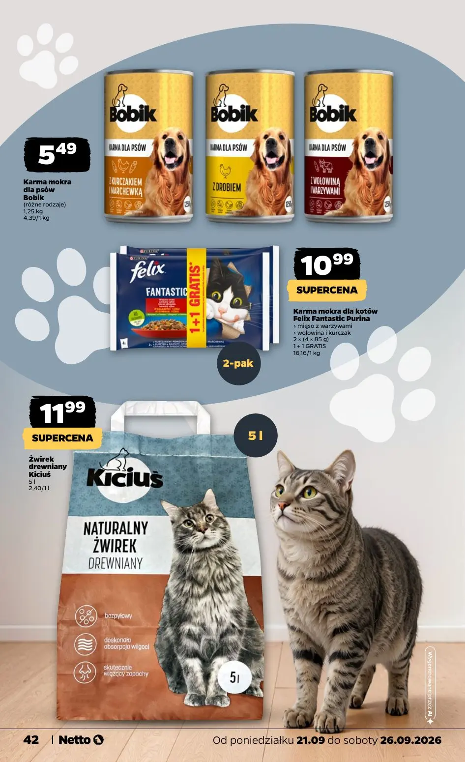 NETTO gazetka, strona 42 z 44 — Karma mokra dla psów Bobik, Karma mokra dla kotów Felix Fantastic Purina, Żwirek drewniany K…