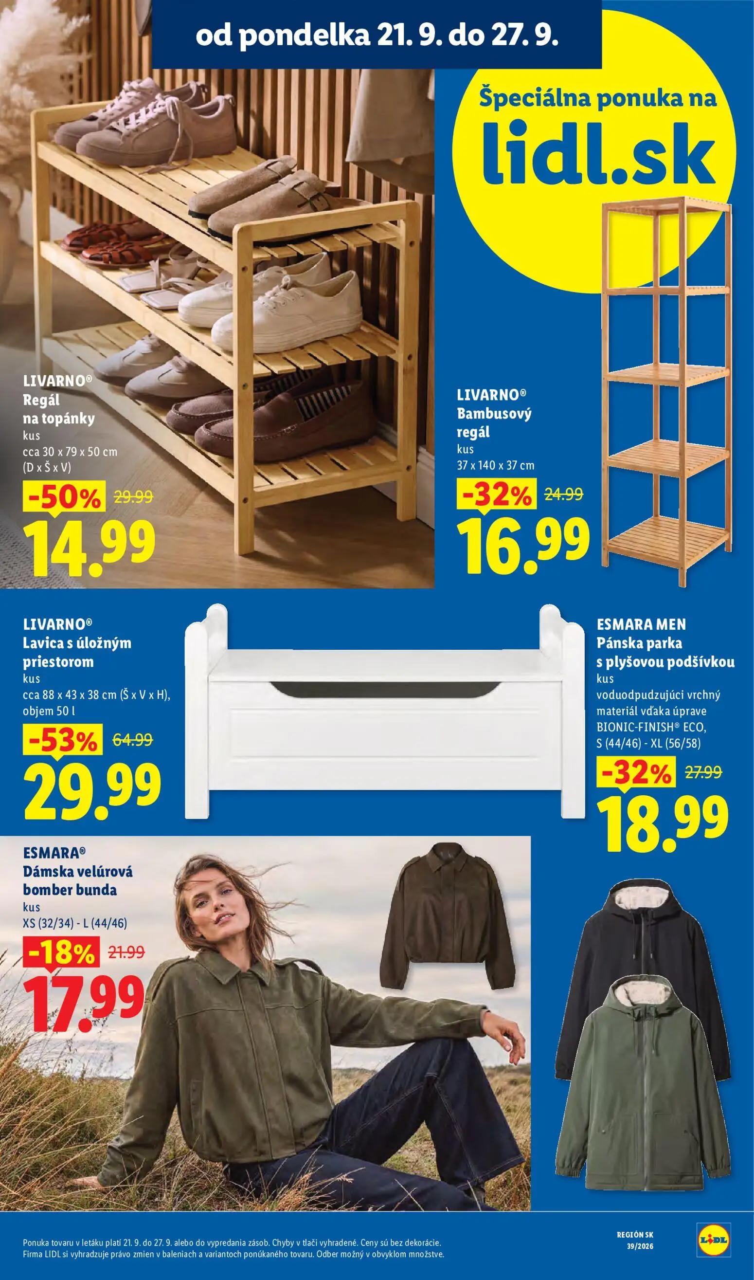 Lidl leták, strana 14 z 102 — Lavica s úložným priestorom, Regál na topánky, Pánska parka s plyšovou podšívkou