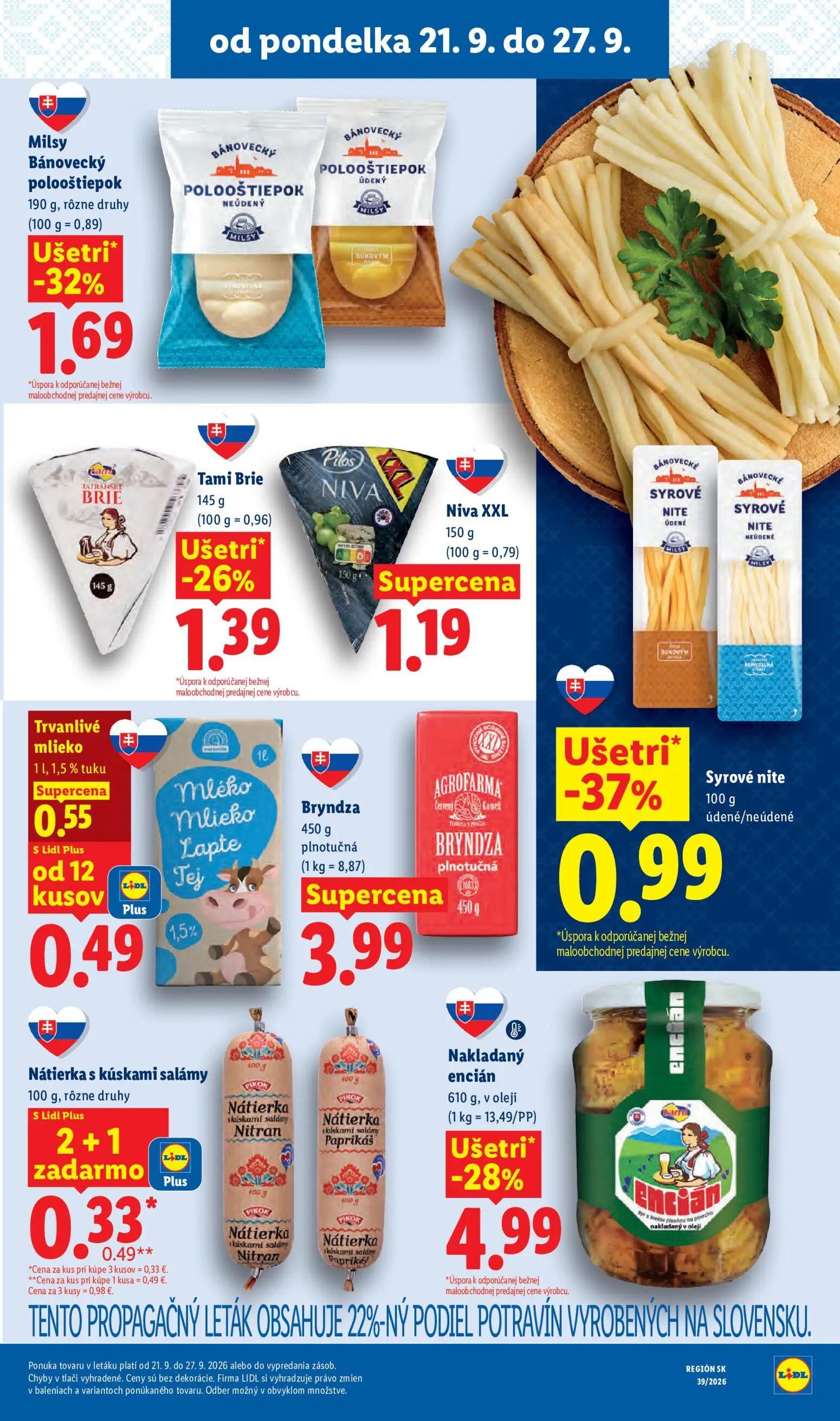 Lidl leták, strana 29 z 102 — Nakladaný encián, Milsy Bánovecký polooštiepok, Syrové nite údené/neúdené