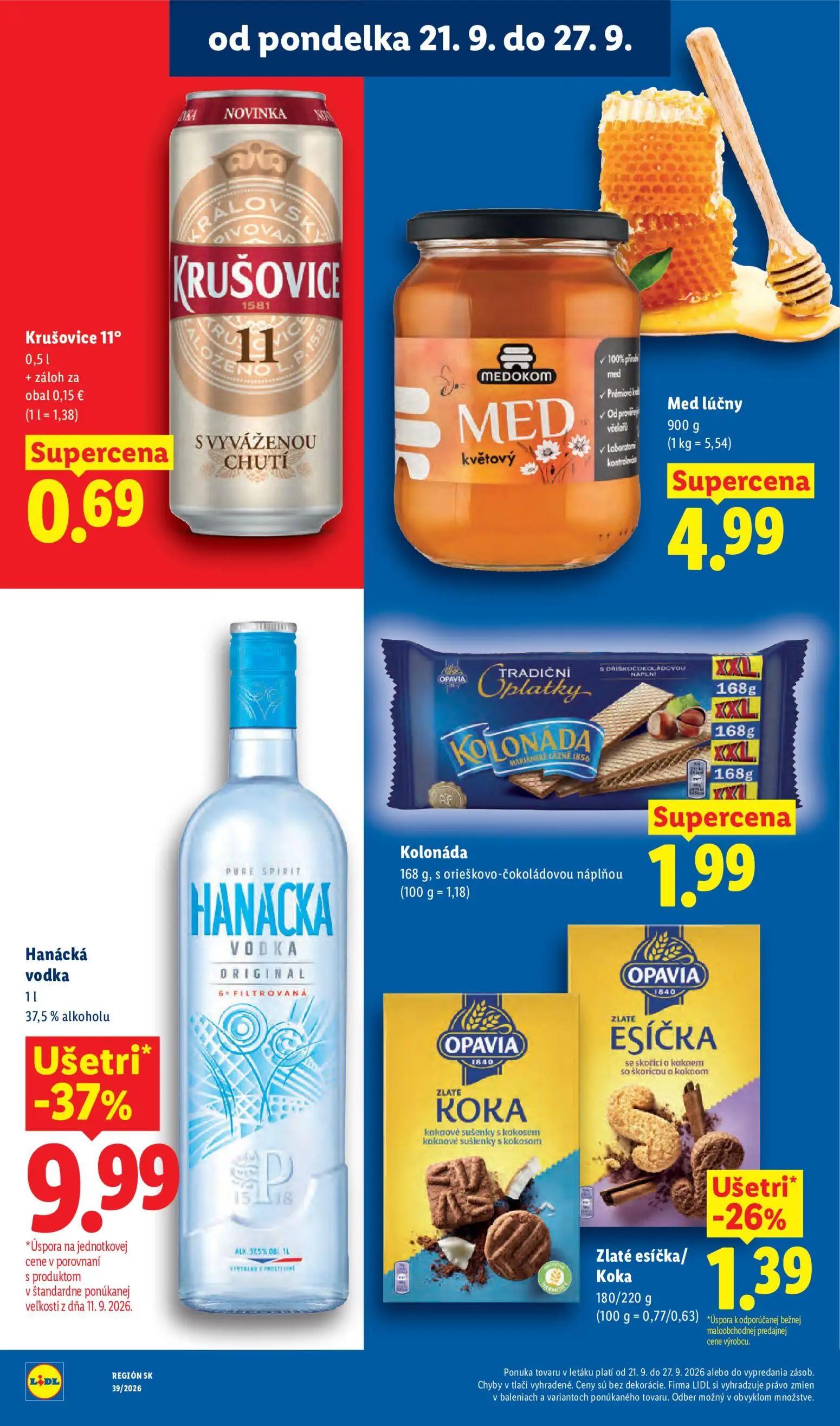 Lidl leták, strana 36 z 102 — Hanácká vodka, Zlaté esíčka/Koka, Krušovice 11°