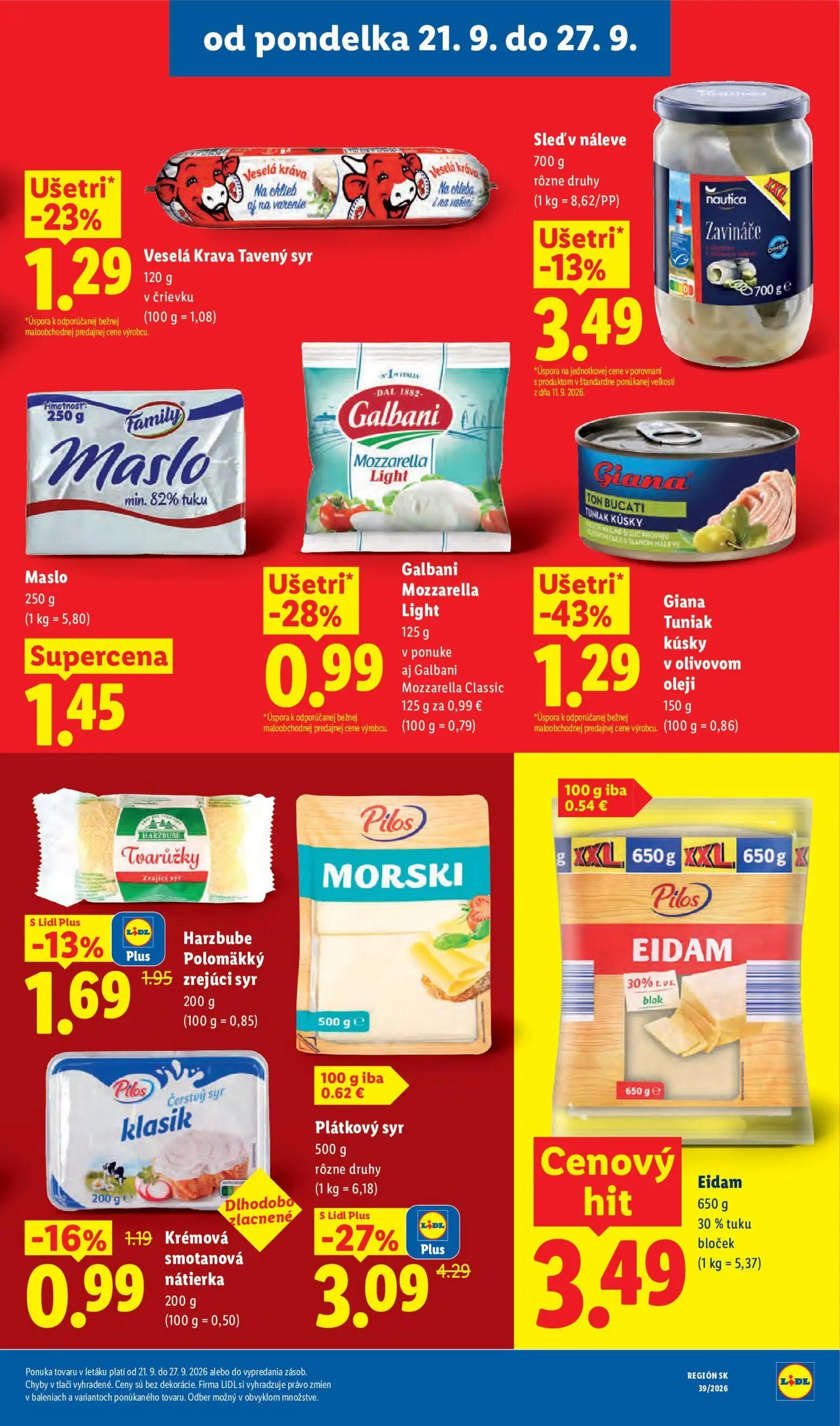 Lidl leták, strana 41 z 102 — Plátkový syr, Giana Tuniak kúsky v olivovom oleji, Sleď v náleve