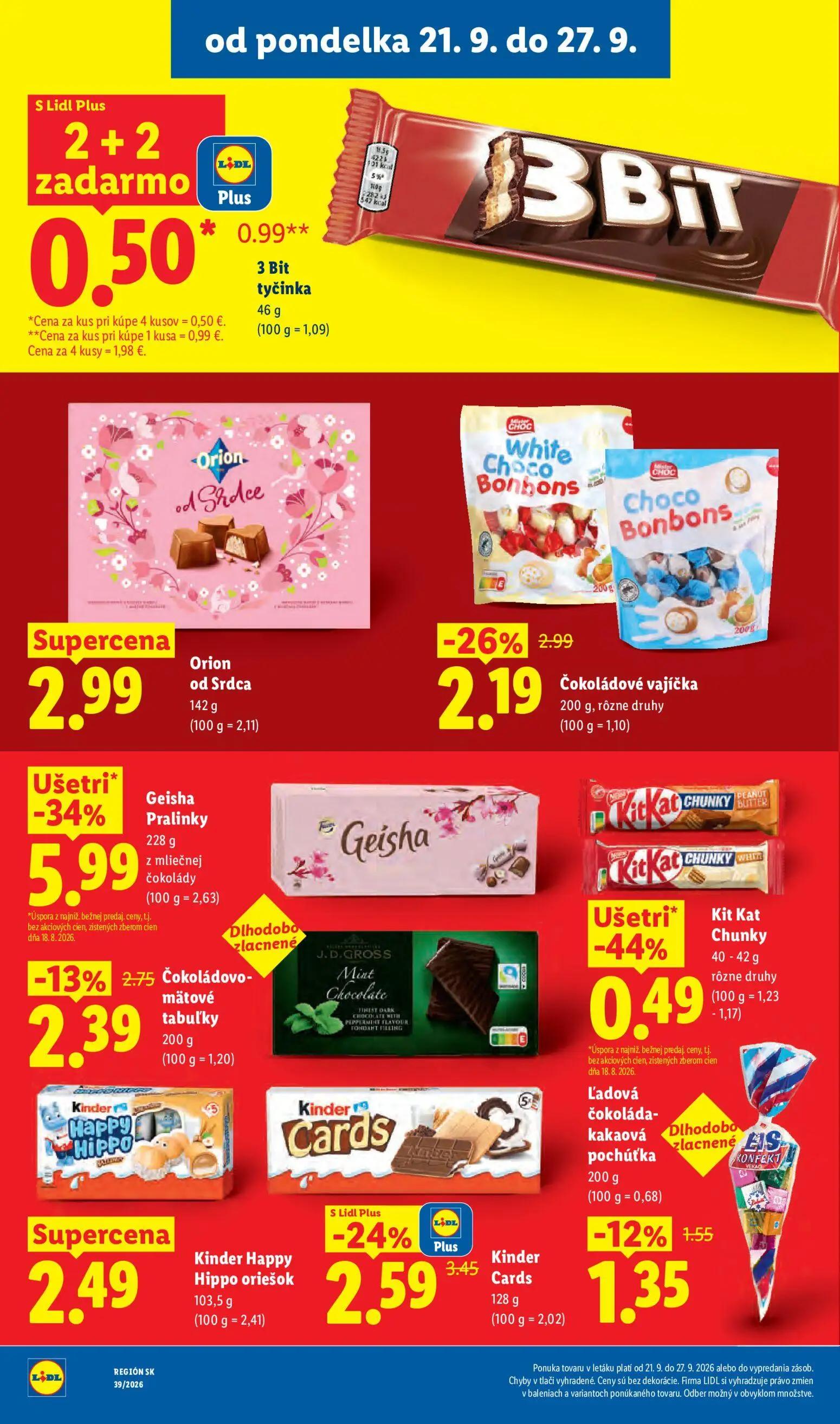 Lidl leták, strana 42 z 102 — Geisha Pralinky, Kinder Cards, Čokoládové vajíčka