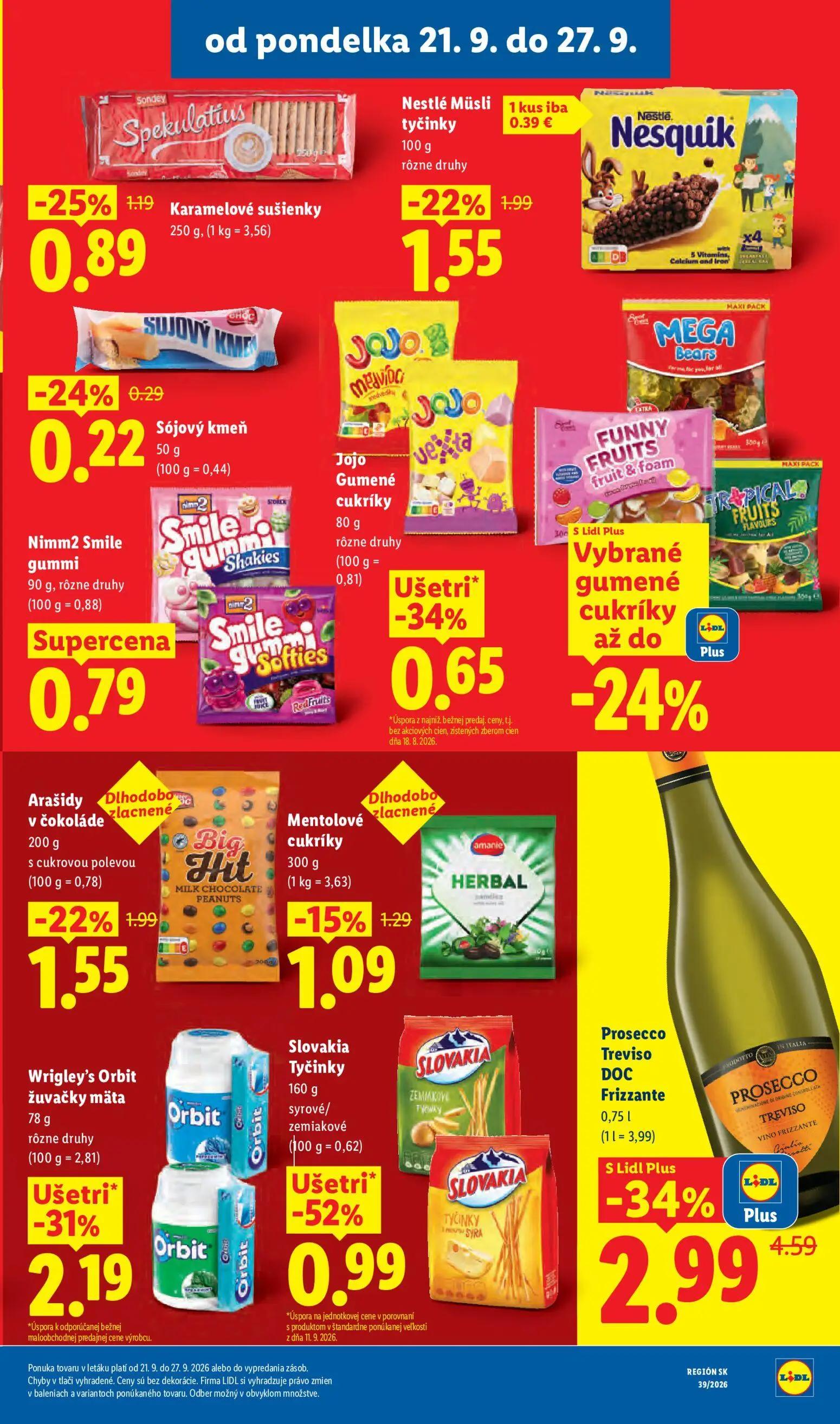 Lidl leták, strana 43 z 102 — Prosecco Treviso DOC Frizzante, Slovakia Tyčinky syrové/zemiakové, Wrigley's Orbit žuvačky mäta