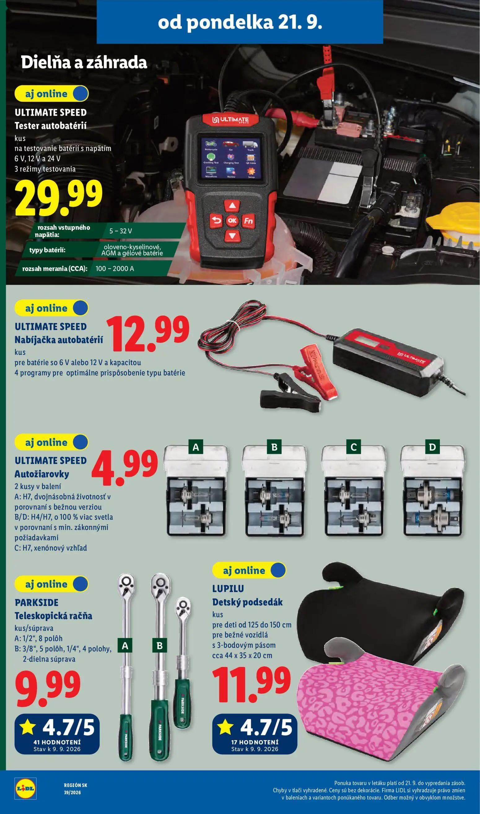Lidl leták, strana 55 z 102 — Tester autobatérií, Nabíjačka autobatérií, Autožiarovky