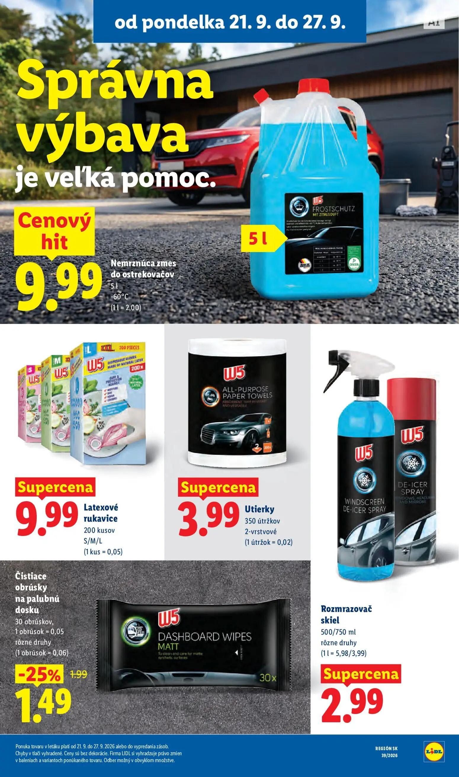 Lidl leták, strana 56 z 102 — Čistiace obrúsky na palubnú dosku, Nemrznúca zmes do ostrekovačov, Latexové rukavice
