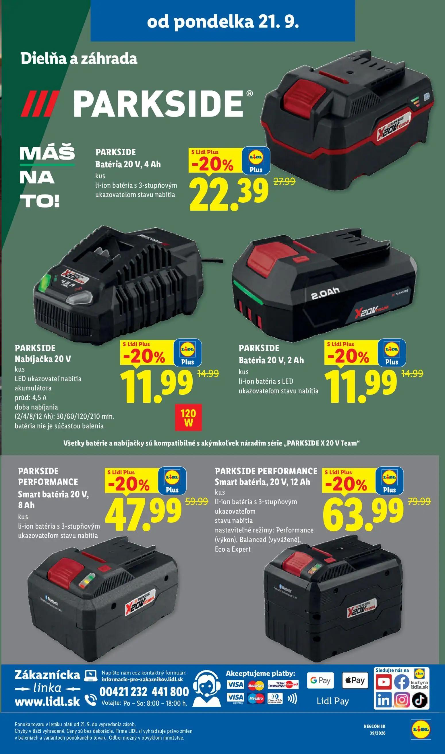 Lidl leták, strana 61 z 102 — PARKSIDE PERFORMANCE Smart batéria, 20 V, 12 Ah, PARKSIDE PERFORMANCE Smart batéria 20 V, 8 Ah…