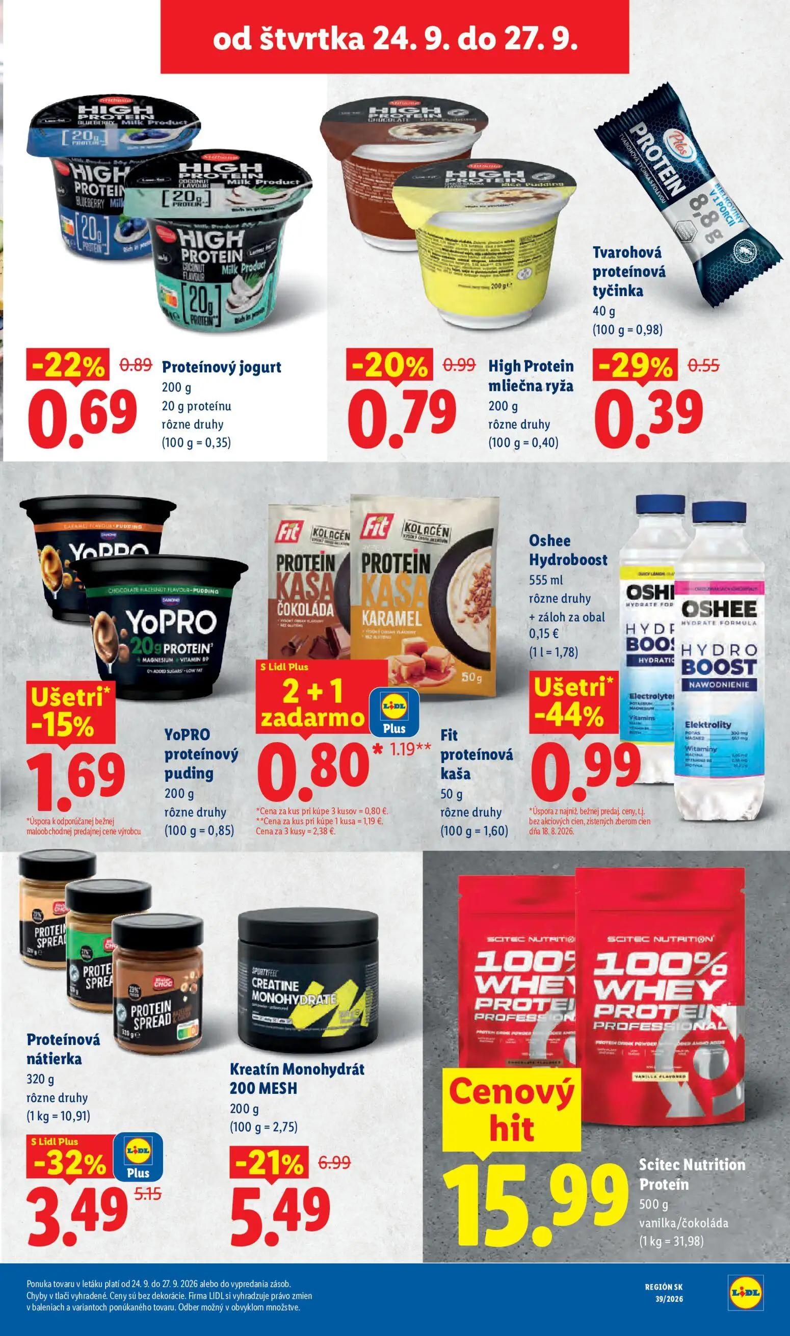 Lidl leták, strana 71 z 102 — Proteínová nátierka, Kreatín Monohydrát 200 MESH, Oshee Hydroboost