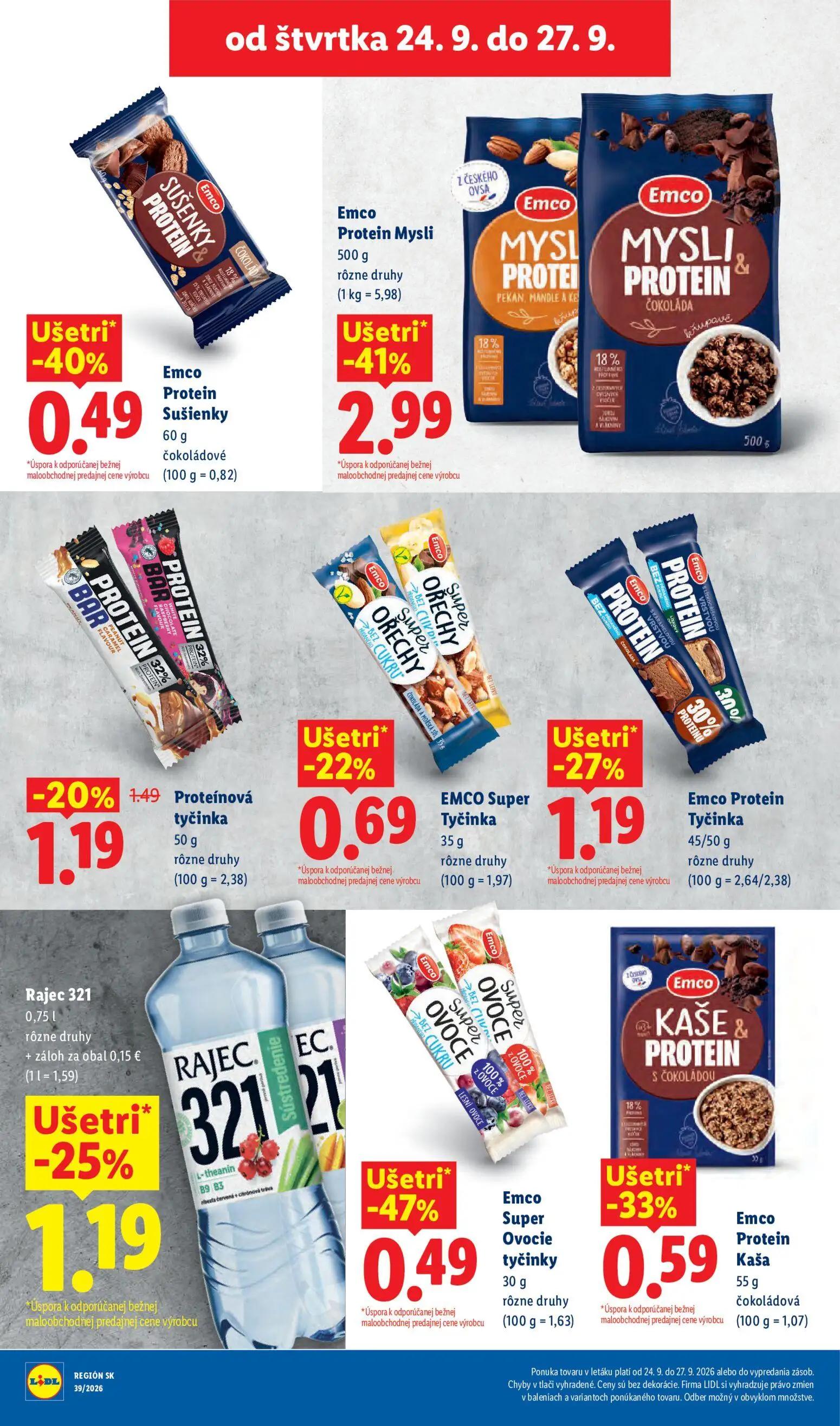 Lidl leták, strana 72 z 102 — Emco Protein Mysli rôzne druhy, Emco Protein Tyčinka rôzne druhy, Emco Super Ovocie tyčinky rô…